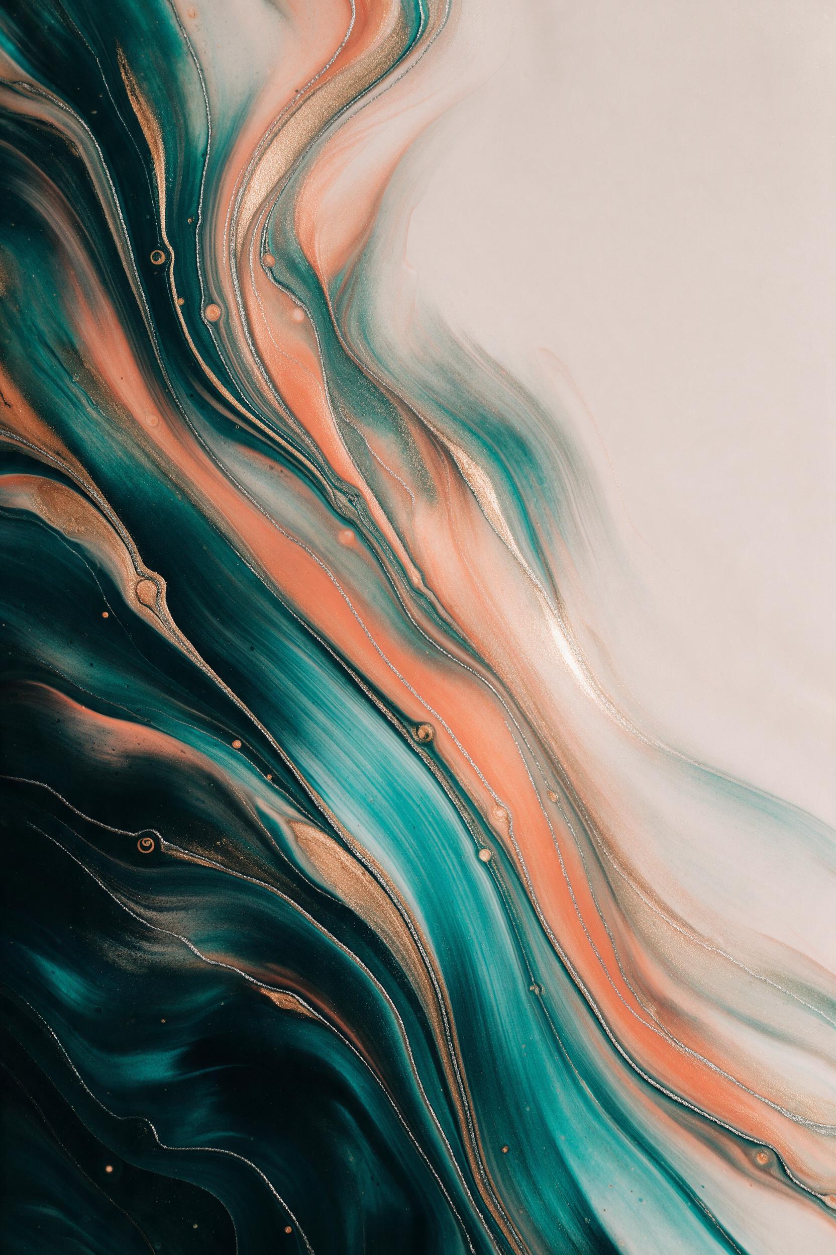 Fluid acrylic painting with swirling ribbons of teal, coral, and gold, interwoven with fine silver veins; dramatic chiaroscuro lighting from upper right, creating deep shadows and glowing highlights; macro view showing glossy texture and delicate brush strokes; minimalist composition, negative space