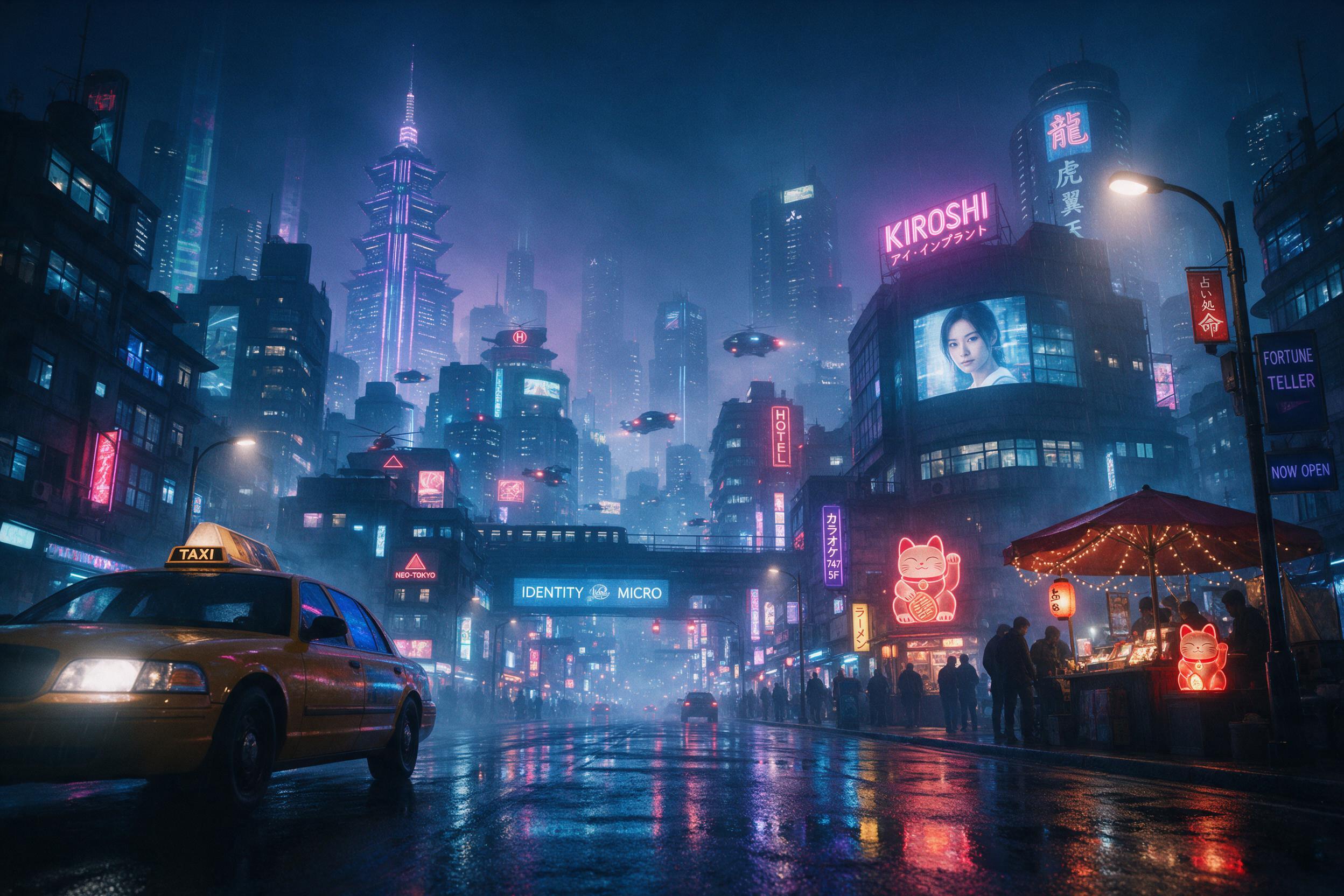 Futuristic cityscape with neon lights reflecting on wet streets, cyberpunk aesthetic, volumetric fog, cinematic lighting