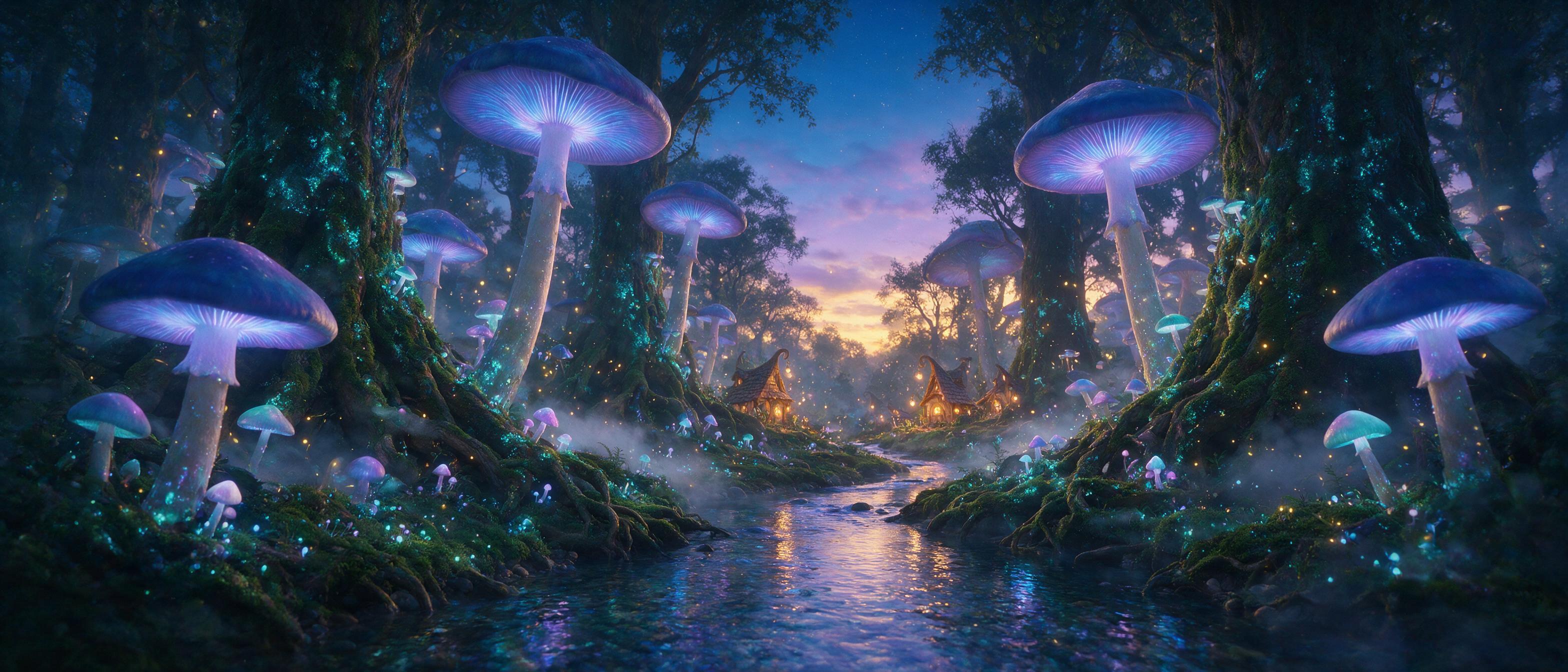 A luminous bioluminescent forest at twilight, with towering mushrooms glowing in soft blue and purple hues, a winding stream reflecting the light, fireflies dancing in the air, mist curling around ancient tree roots, soft fog, ethereal atmosphere, cinematic composition, warm amber glow from distant 