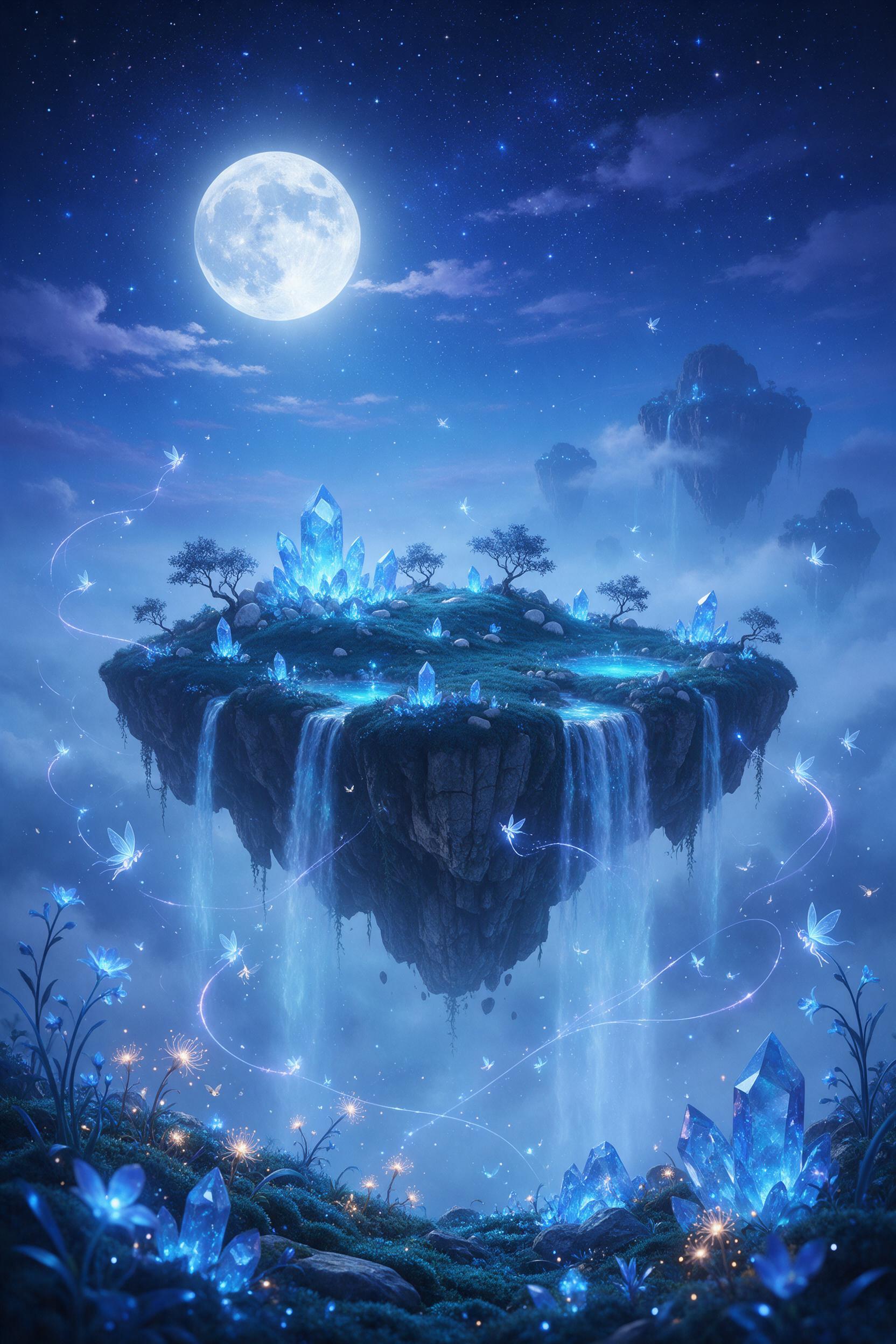 A moonlit floating island adorned with glowing blue crystals, cascading waterfalls that disperse into mist, luminous flora softly swaying, tiny faeries weaving light trails, midnight starscape, ethereal atmosphere, depth of field, rich color contrast.