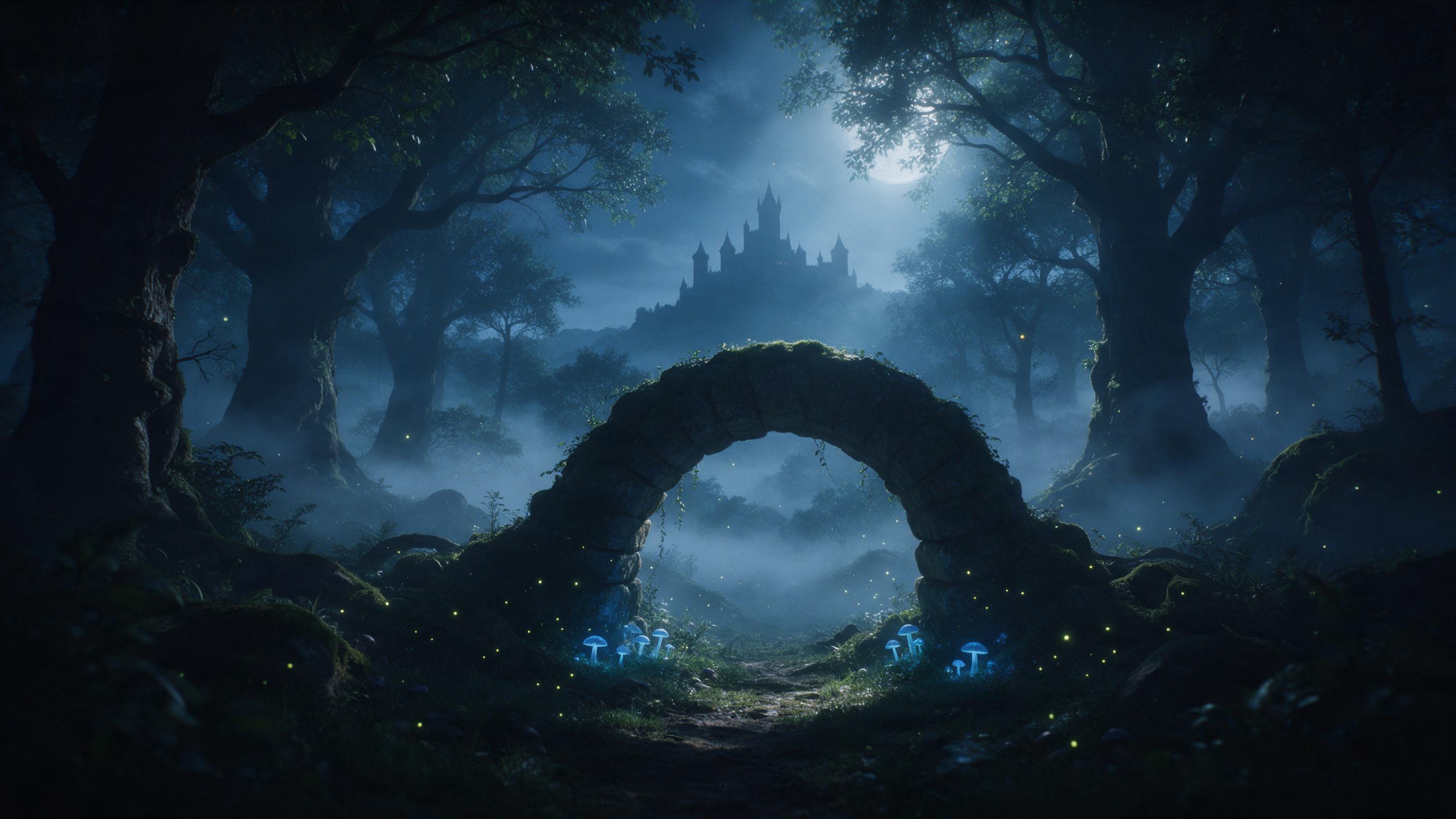 A moonlit enchanted forest with glowing blue mushrooms and fireflies near a mossy stone arch, thick fog weaving between ancient trees, a distant castle silhouette on a hill, soft ethereal light rays filtering through canopy, cool color palette, photorealistic style with subtle film grain