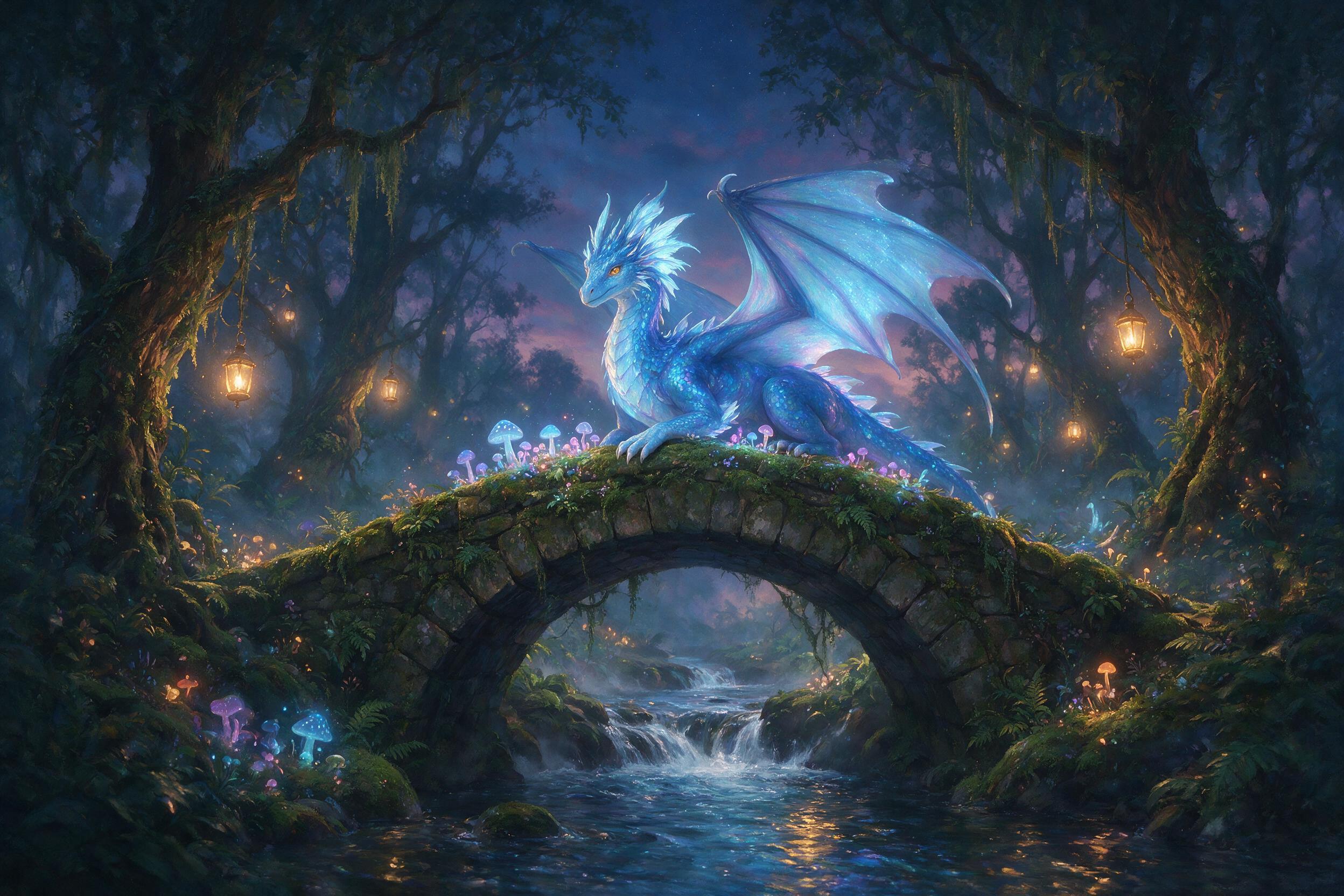 A luminous blue dragon perched on a moss-covered stone bridge in an enchanted forest, soft bioluminescent mushrooms glowing at its feet, mist rolling through ancient trees, twilight sky with faint stars, warm golden lanterns hanging from branches, gentle water reflections below, painterly textures a