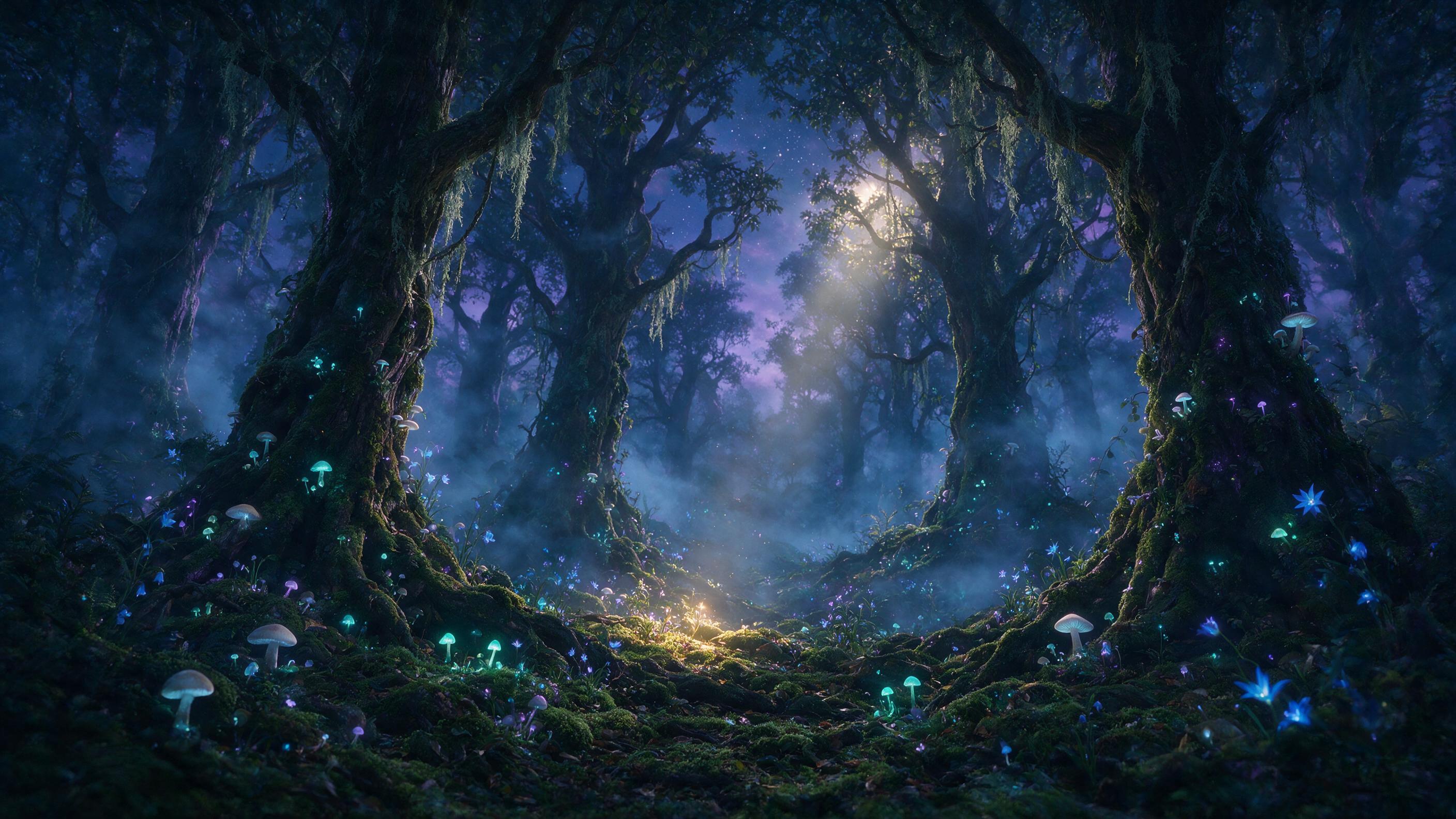 A mystical forest at twilight, bioluminescent mushrooms and glowing blue flowers scattered on the mossy ground, ancient towering trees with twisted roots, soft mist weaving between trunks, a single beam of golden moonlight breaking through the canopy, deep shadows and subtle purple highlights, ether