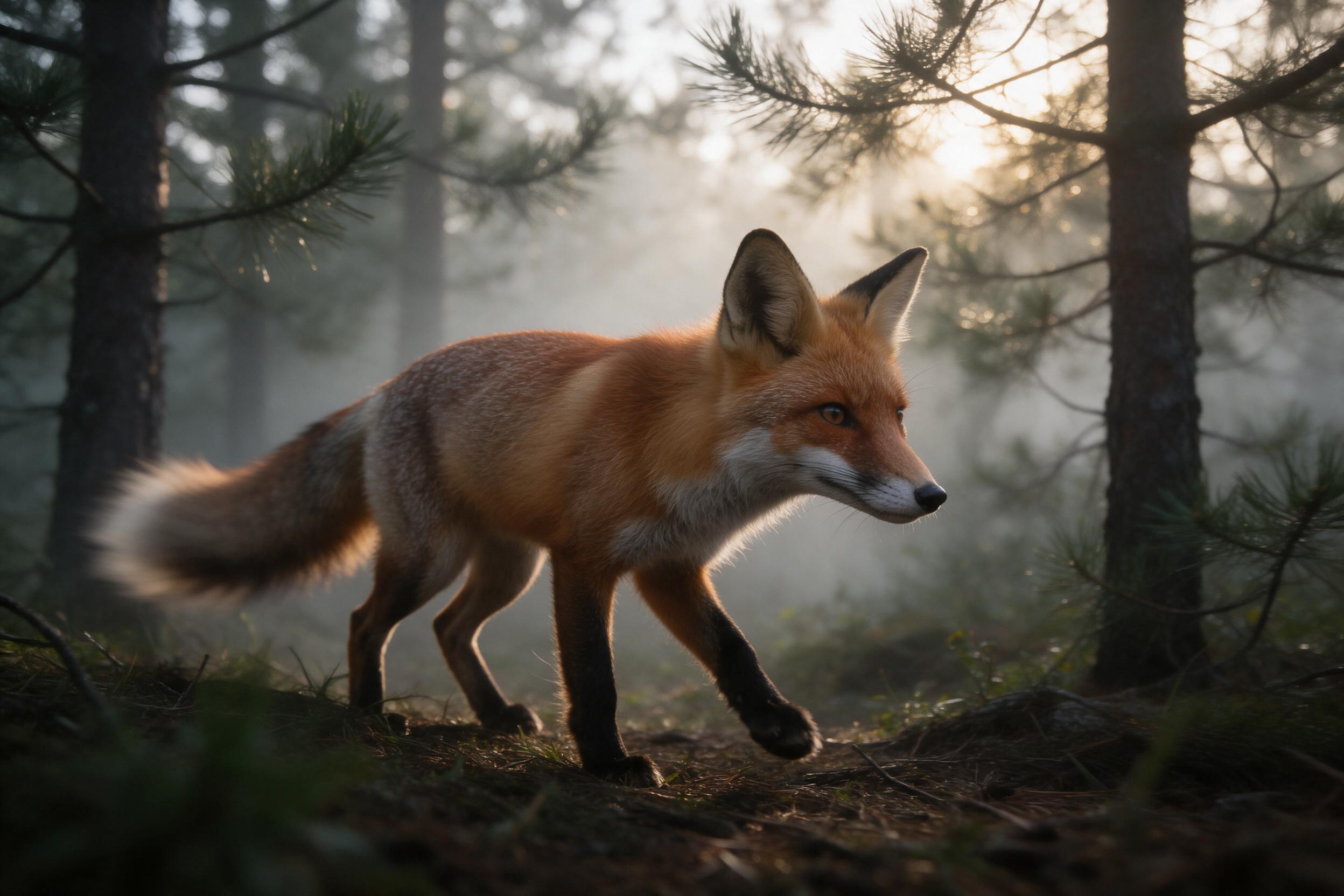 A red fox emerging from a misty pine forest at dawn, soft golden sunlight filtering through branches, shallow depth of field, fur texture sharp, subtle motion blur on tail, natural color palette, tranquil atmosphere