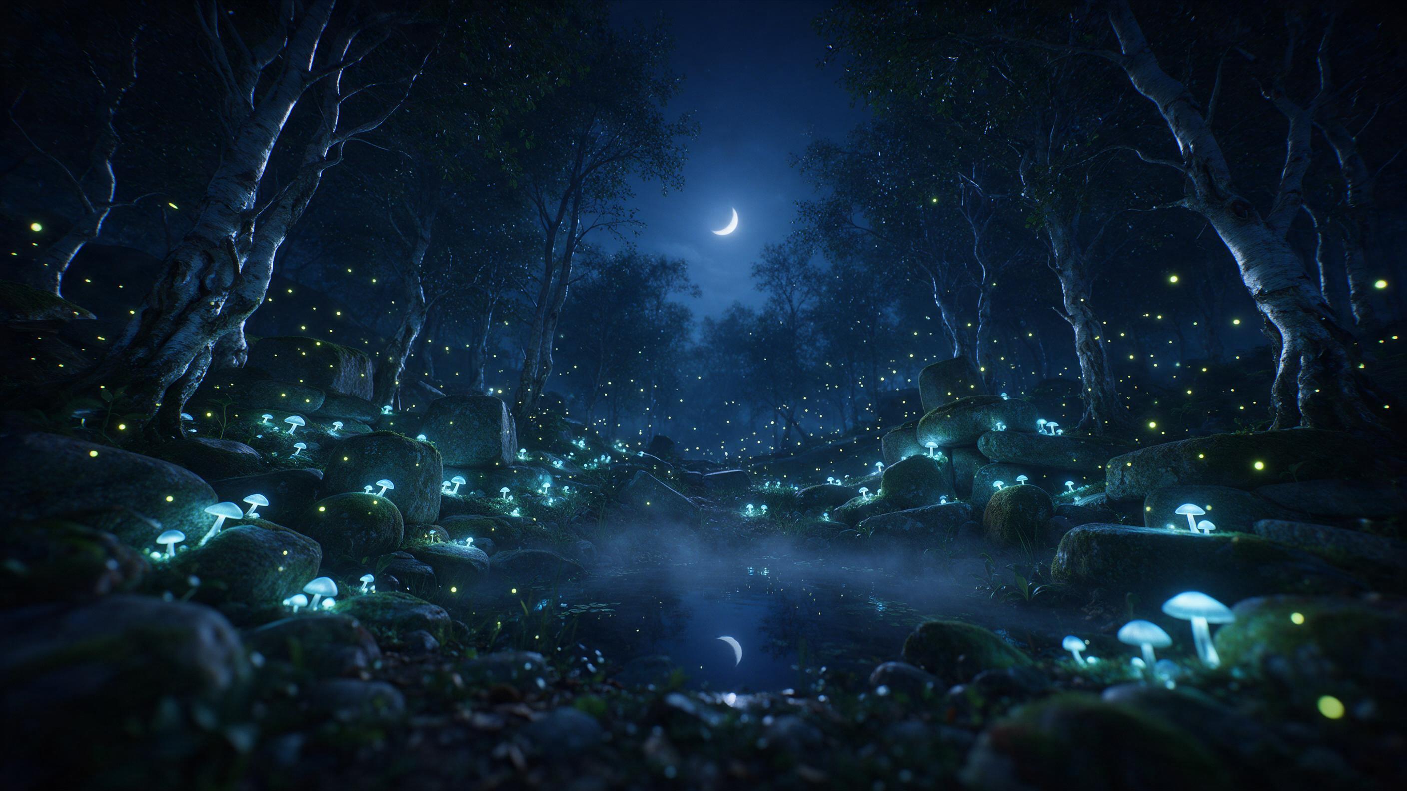 A moonlit forest clearing with bioluminescent mushrooms casting a soft blue-green glow on ancient moss-covered stones. Fireflies drift like slow embers between tall, twisted trees with silver bark. A faint mist curls over a small pond mirroring a crescent moon. Composition: low-angle view, shallow d