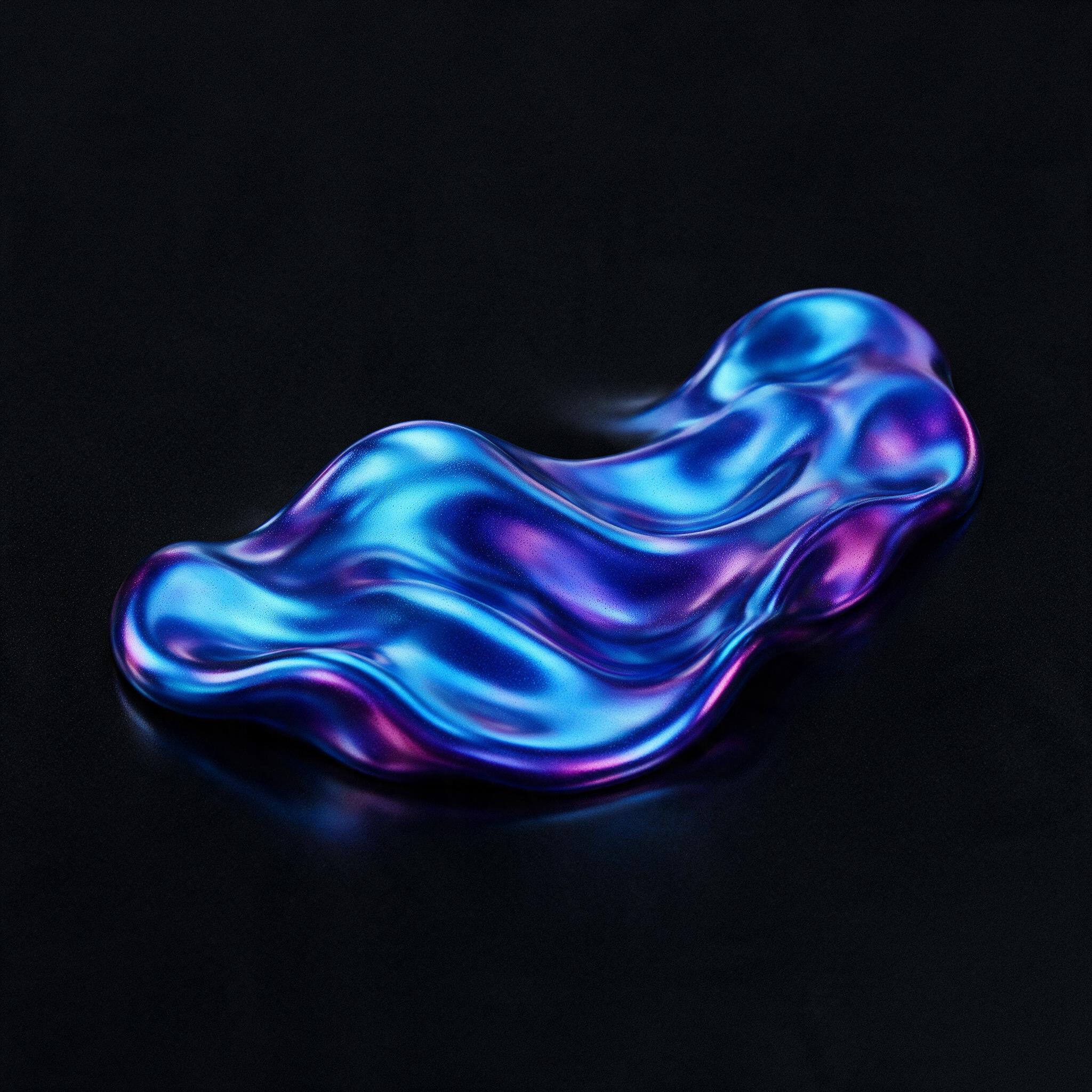 A minimalist abstract composition of flowing liquid metal, rippling in iridescent blues and purples, on a matte black background. Soft studio lighting creates gentle specular highlights, with fine grain texture and subtle reflections. The smooth curves suggest motion frozen in time, evoking calm and