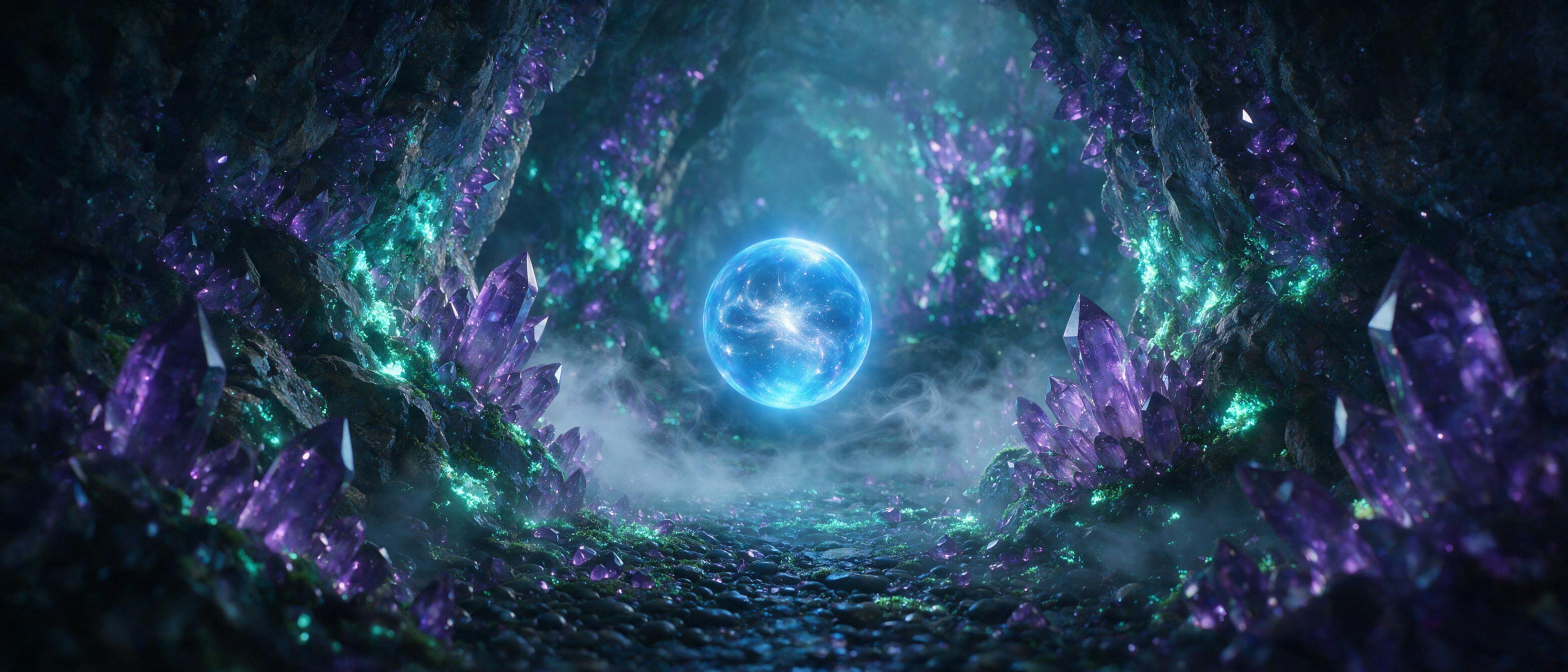 A luminous crystal cave deep underground, bioluminescent moss clinging to jagged amethyst walls, a gentle mist swirling around a floating blue orb, soft cyan and violet light casting ethereal shadows, slight haze in the air, cinematic composition with dramatic depth