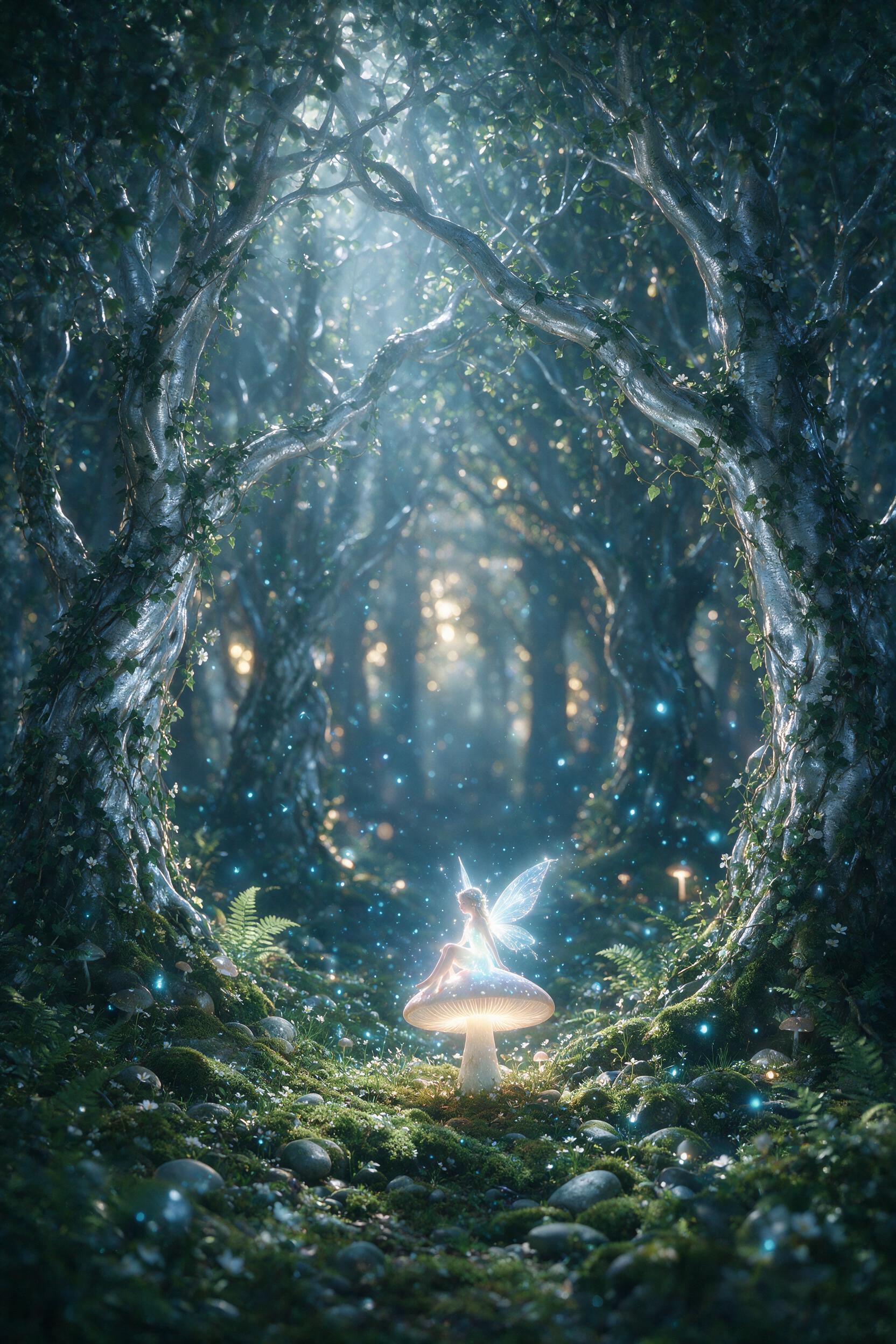 A luminous fairy sits on a glowing mushroom in a moonlit enchanted forest, soft blue bioluminescent spores drift through the air, ancient twisted trees with silver bark frame the scene, shallow depth of field with a warm golden bokeh in the background, natural misty atmosphere