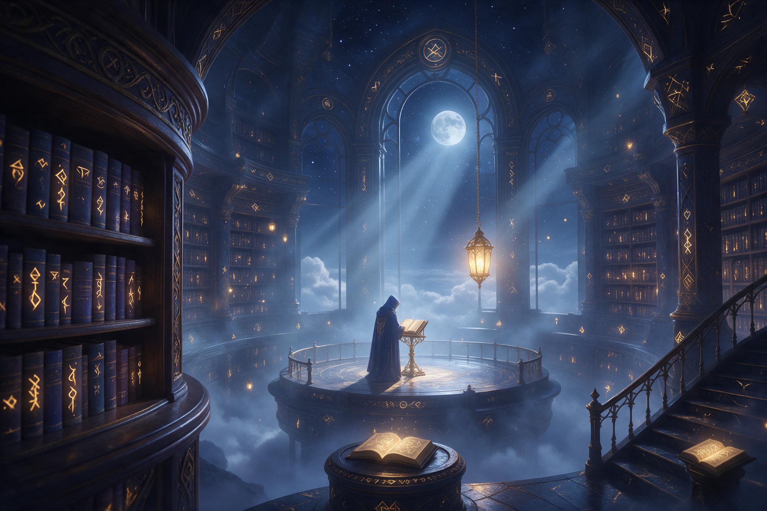 A moonlit celestial library floating among clouds, ancient bookshelves curving into infinity, glowing runes on spines, a lone hooded figure reading by a floating lantern, soft indigo and gold palette, ethereal mist, volumetric light rays piercing through arched windows, dreamlike atmosphere, no mode