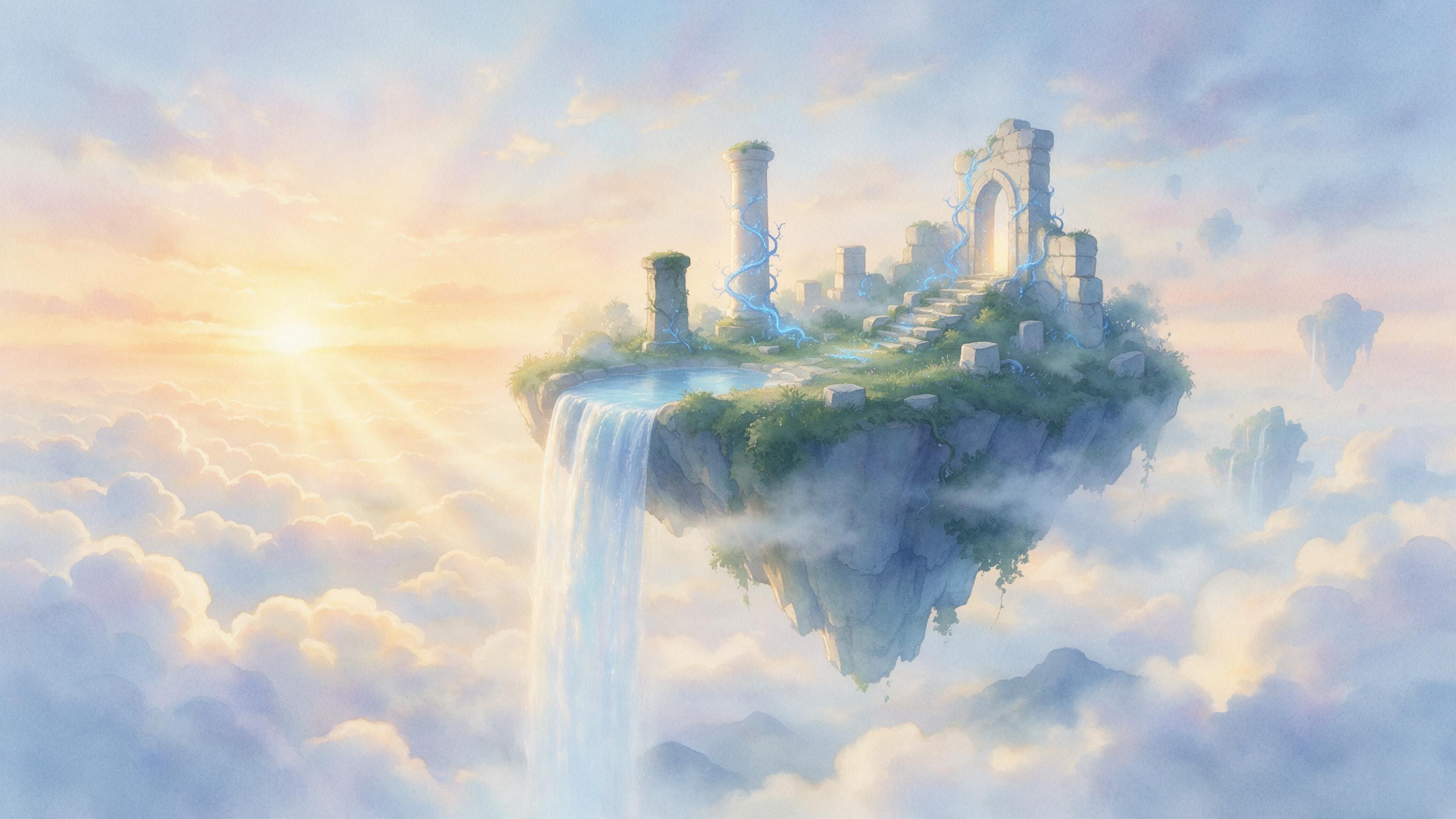 A glowing floating island veiled in mist, ancient stone ruins entwined with luminous blue vines, a waterfall pouring from the edge into a sea of clouds, sunset light casting golden rays through drifting fog, soft watercolor texture, ethereal and serene, no sharp edges, no harsh shadows.