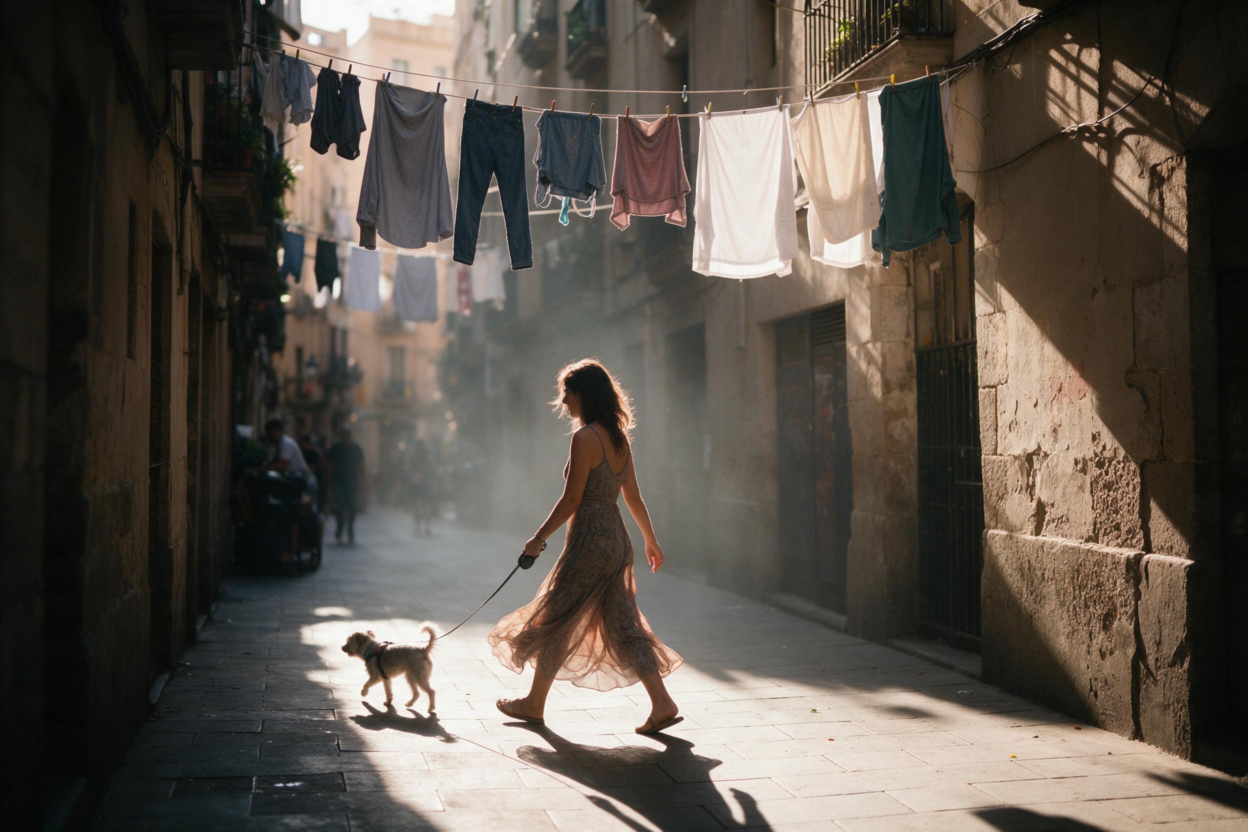 Golden hour on a narrow Barcelona alley, laundry lines overhead casting soft shadows, a woman in a flowing dress walking a small dog, warm sunlight bouncing off worn stone walls, shallow depth of field, gentle haze in the air, candid street photography feel with slight grain