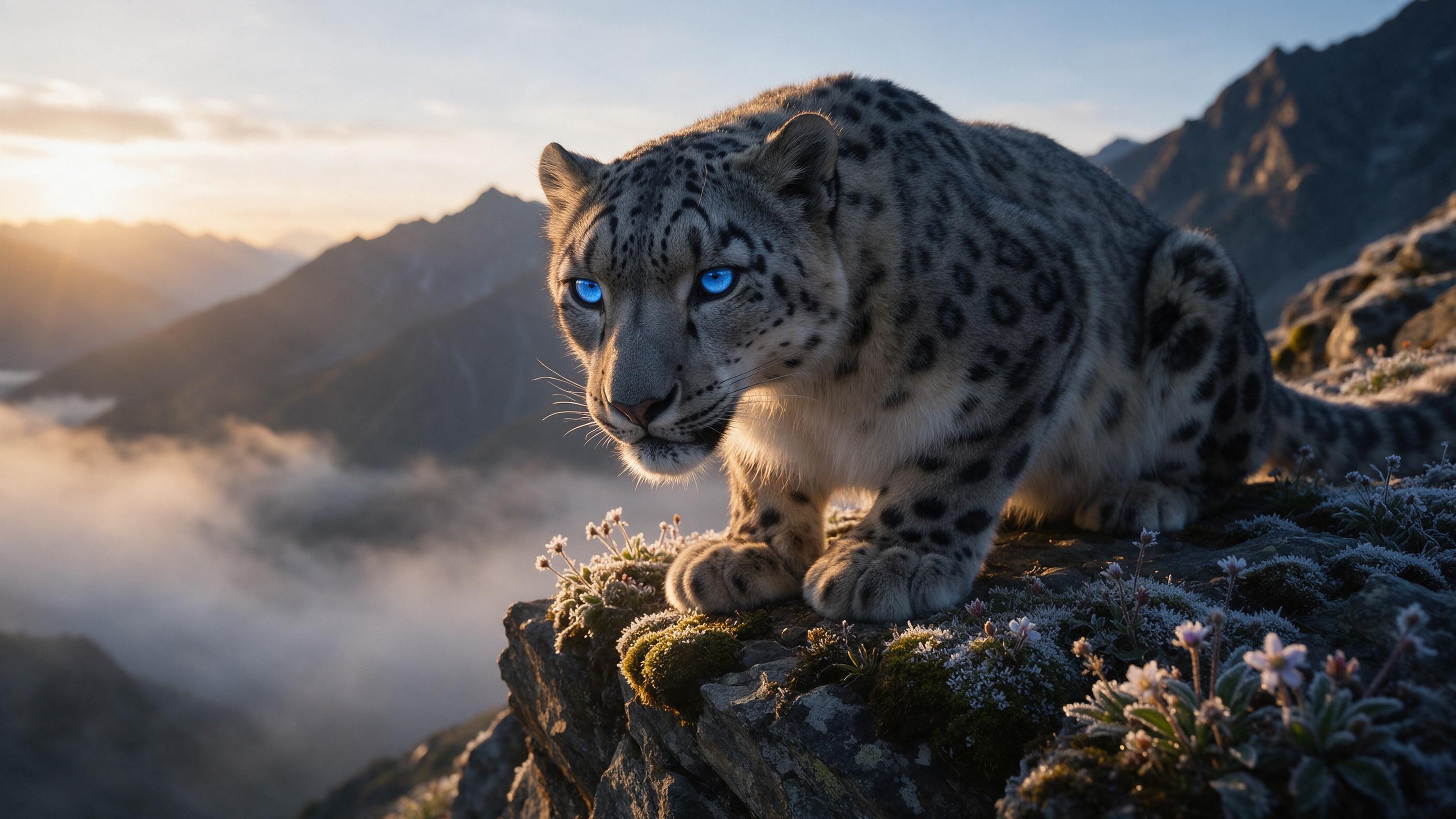 A majestic snow leopard crouched on a rocky cliff at dawn, its piercing blue eyes reflecting the golden light. Fine mist drifts through the Himalayan valley below, while frost coats the surrounding moss and alpine flowers. Natural side lighting carves sharp contours across its spotted fur, with deli