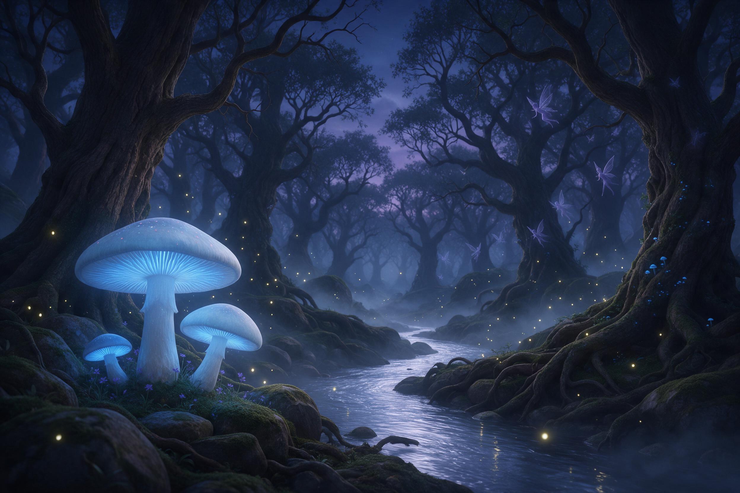 A mystical forest in perpetual twilight, giant glowing mushrooms casting soft blue light on mossy stones. A flowing silver river meanders between ancient trees with gnarled roots. Fireflies drift in spiral patterns, and faint silhouettes of winged fairies dart among branches. Ethereal mist hangs low
