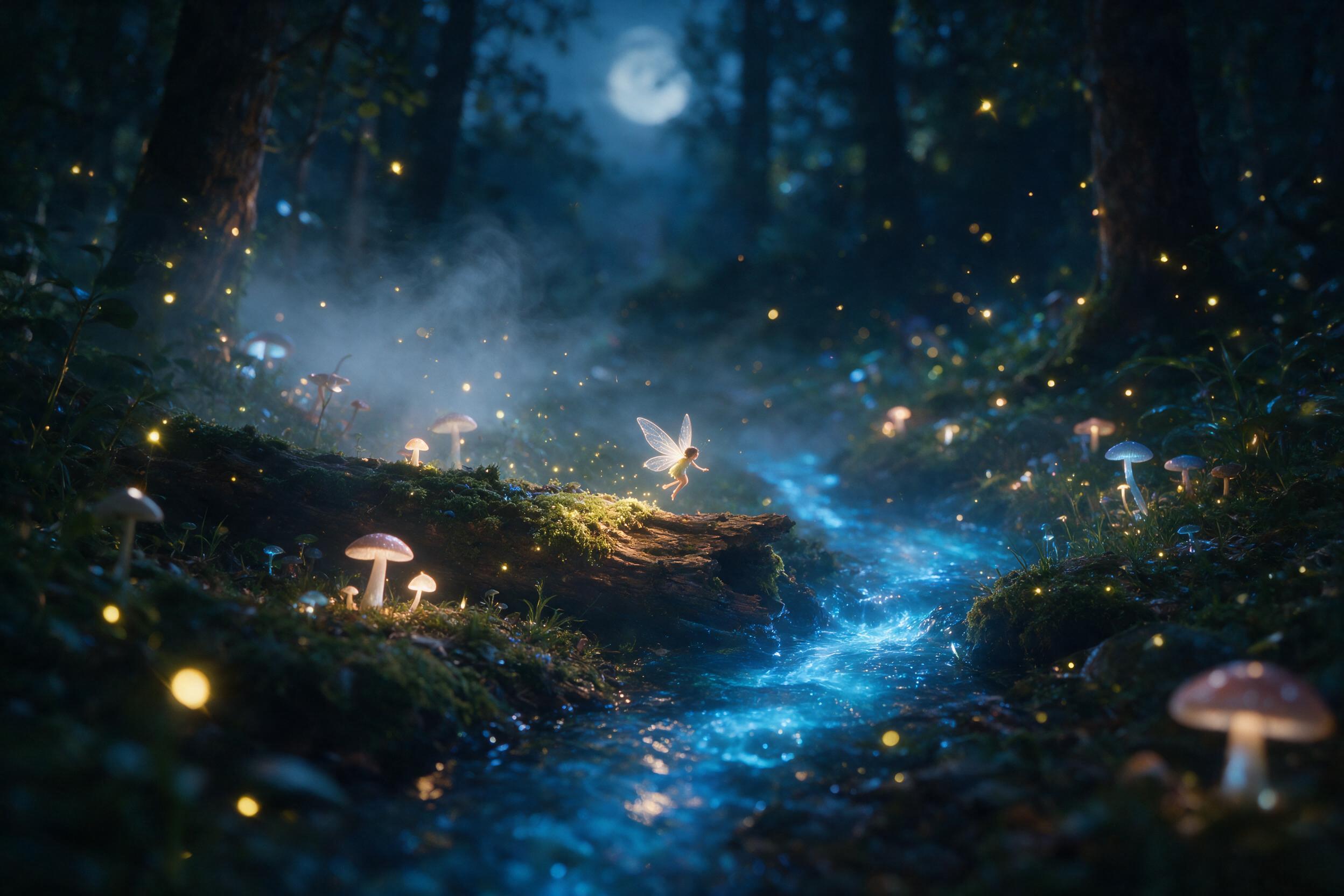 A moonlit forest clearing with bioluminescent mushrooms and a glowing blue stream, soft mist rising, a small fairy with translucent wings hovering near a mossy log, warm golden light from fireflies, shallow depth of field, slight camera shake, natural low light