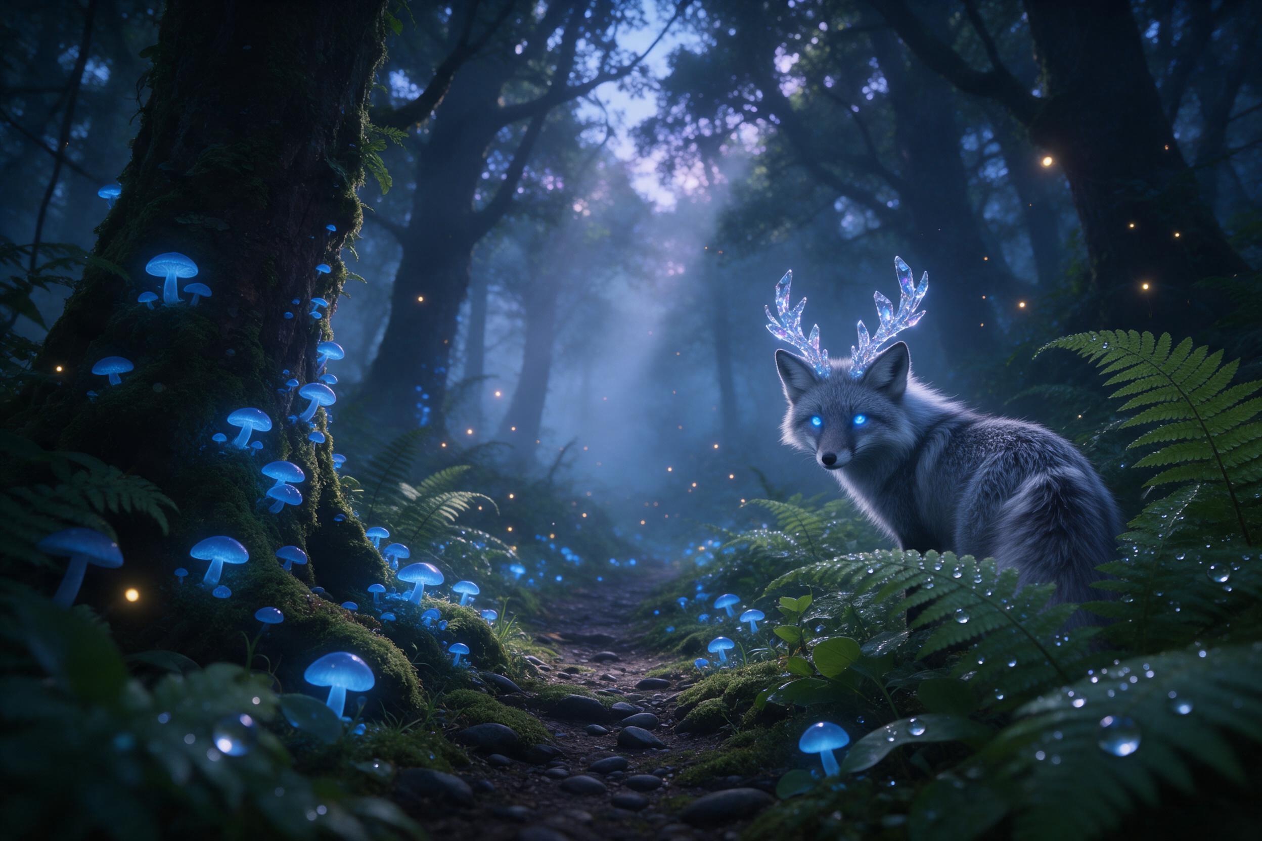 Misty ancient forest at dusk, bioluminescent blue mushrooms glowing along a mossy path, a silver fox with crystal antlers peering through ferns, ethereal light rays piercing the canopy, fireflies, water droplets on leaves, dreamy atmosphere