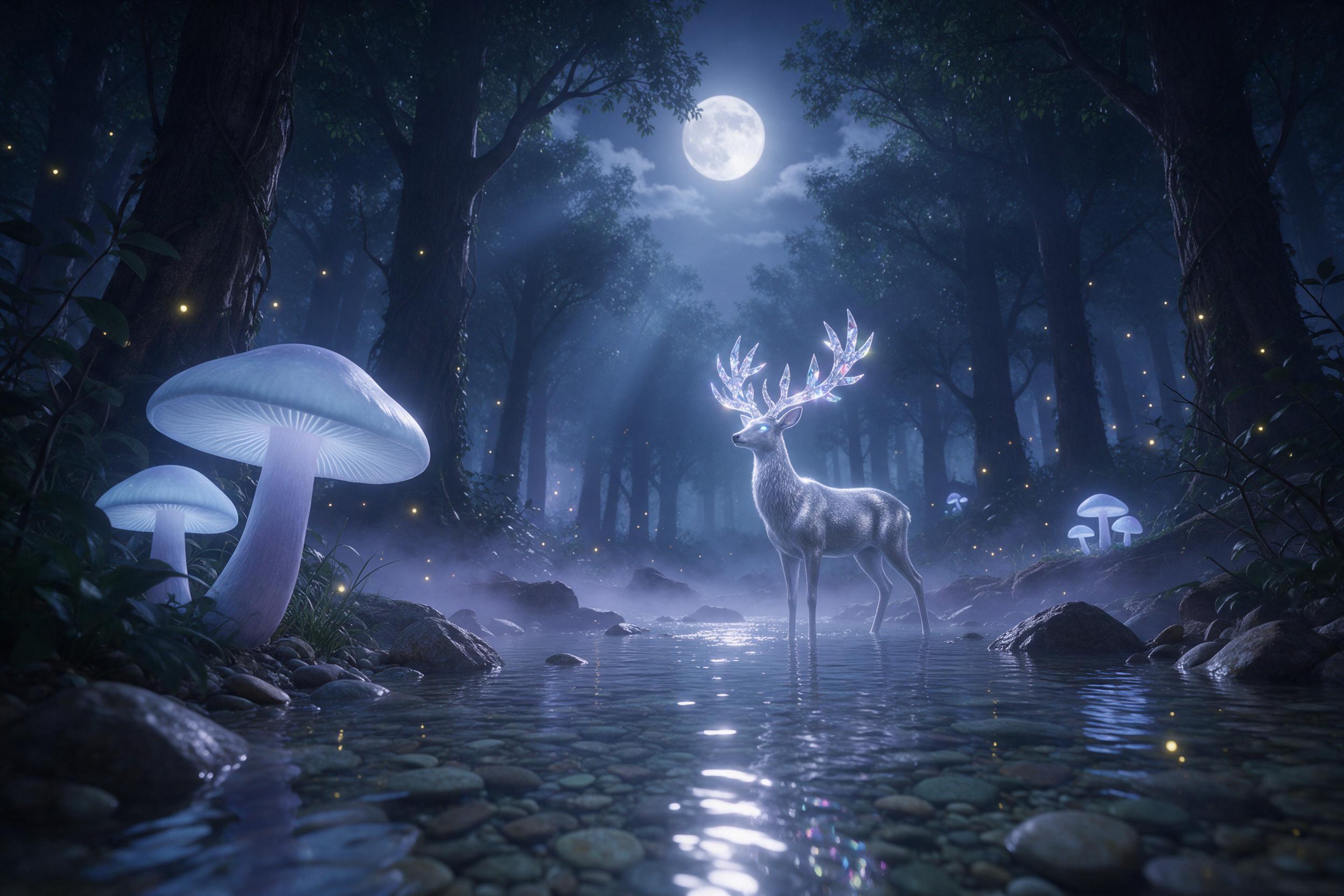 A misty moonlit forest with giant glowing mushrooms and a silver deer with branching crystal antlers, standing in a shallow stream. Soft blue and violet light filters between ancient trees, fireflies drift in the air, gentle fog rolls across the water. Perspective from a low angle, emphasizing the d