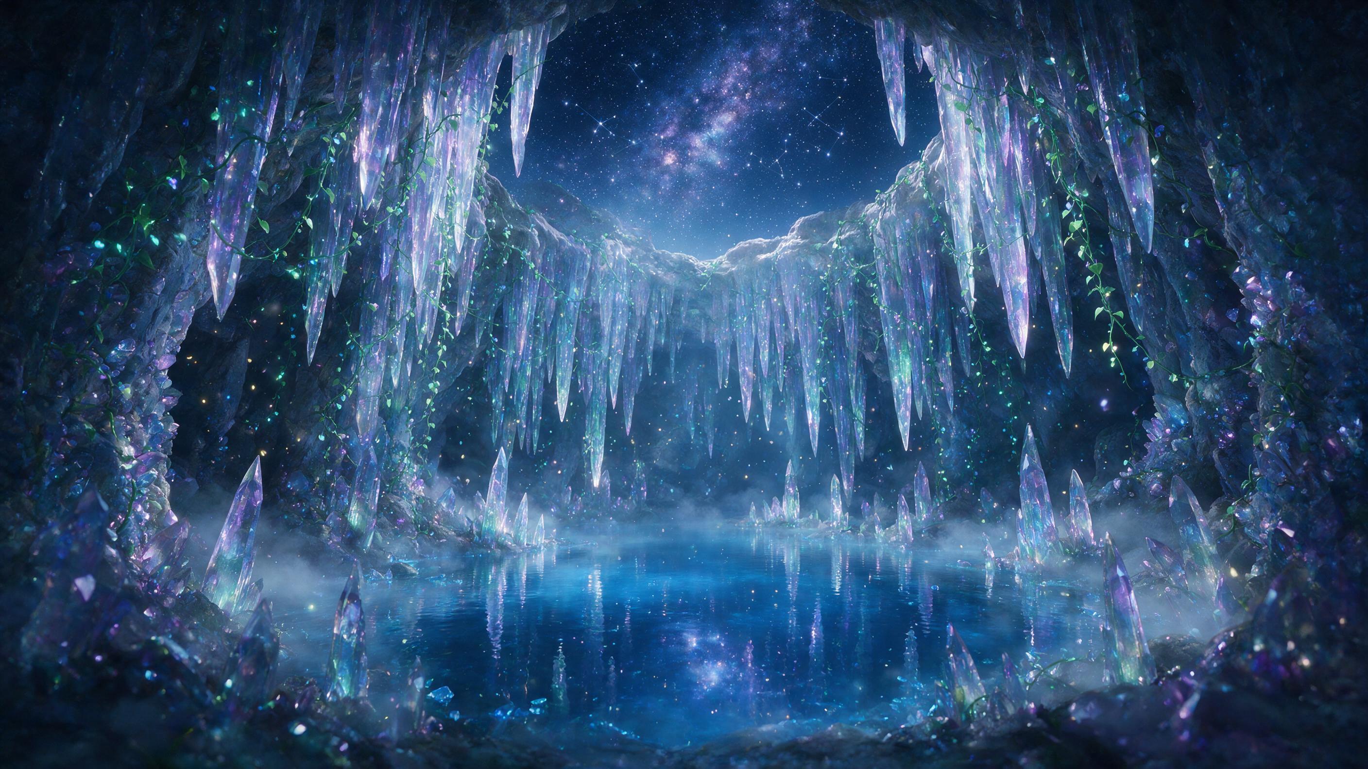 A luminous crystal cave hidden beneath a starlit sky, bioluminescent vines draping over iridescent stalactites, a glowing blue pond reflecting constellations, ethereal glowing dust particles floating in the air, soft mist hugging the ground, magical atmosphere, cinematic lighting from above, slight 