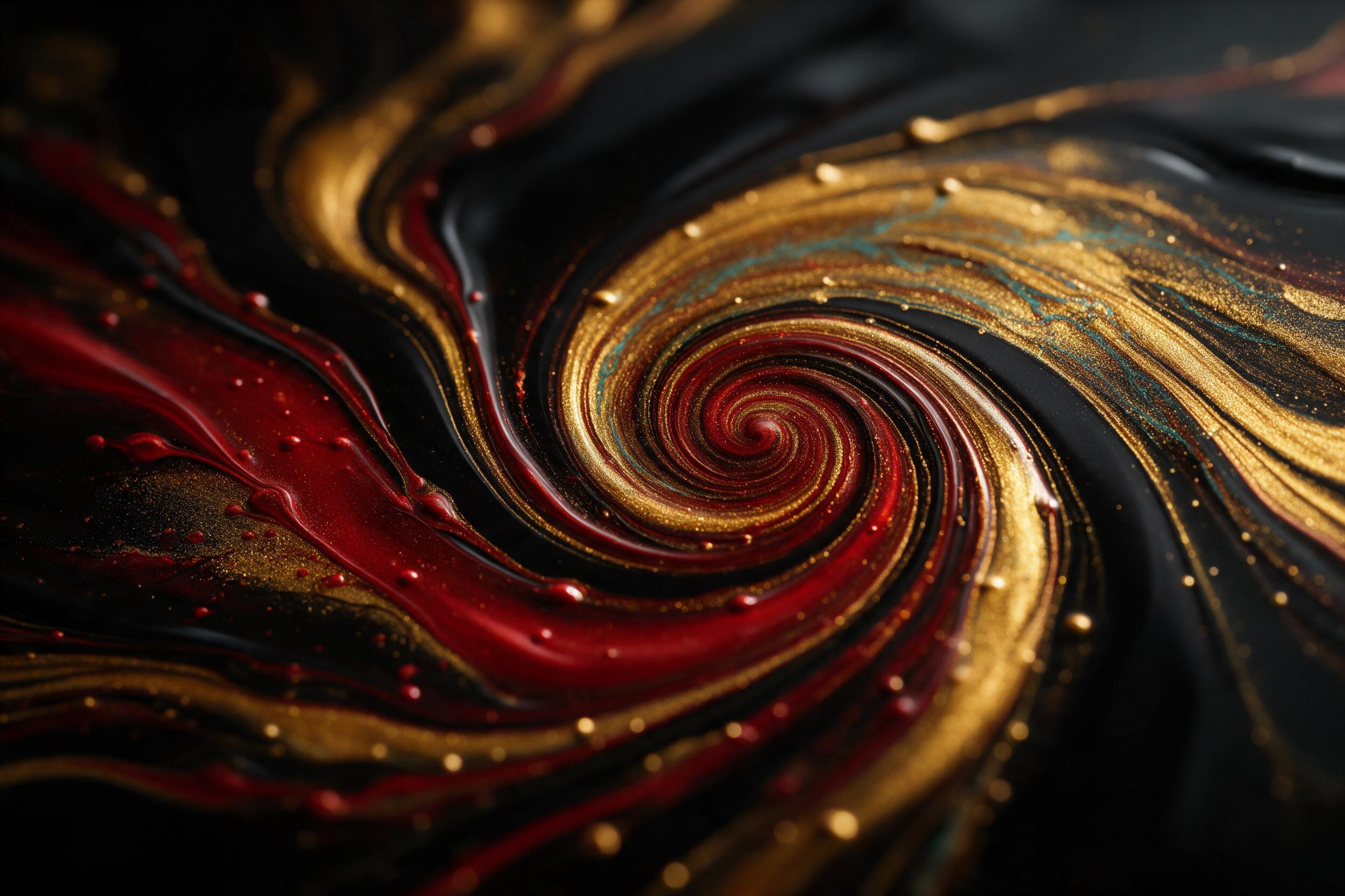 Fluid art on a glossy black surface, swirling ribbons of molten gold and deep crimson, with subtle turquoise veins intersecting, macro lens perspective, shallow depth of field, soft reflections on a smooth texture, low-key interior lighting with gradient shadows