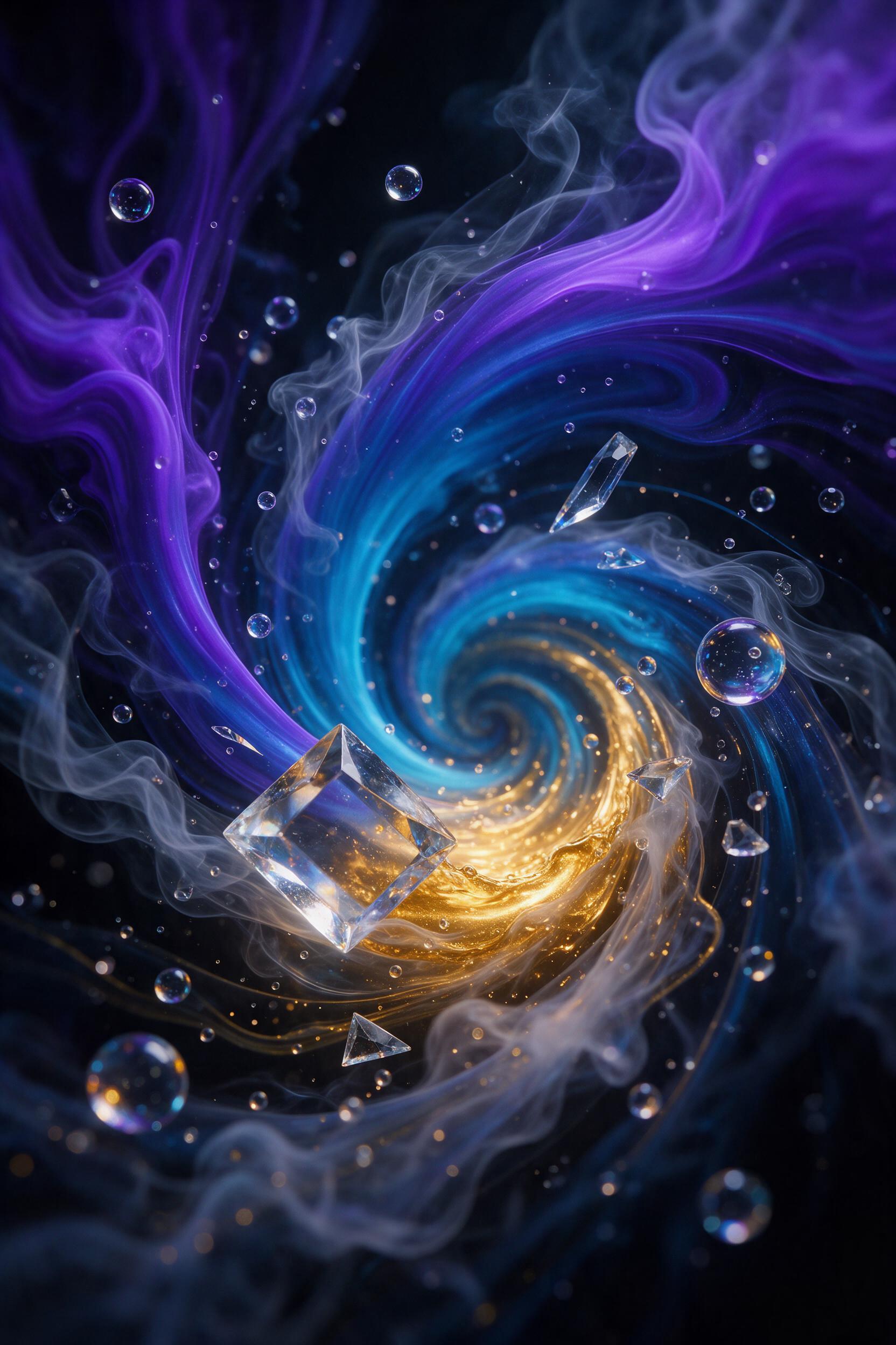 Chromatic ink swirls in a dark void, electric violet and cyan bleeding into molten gold, suspended droplets of glass refracting light, sharp geometric shards intersecting soft smoke trails, hyper-detailed macro with subtle ripple distortion, deep blacks contrasting luminous pigment, no text