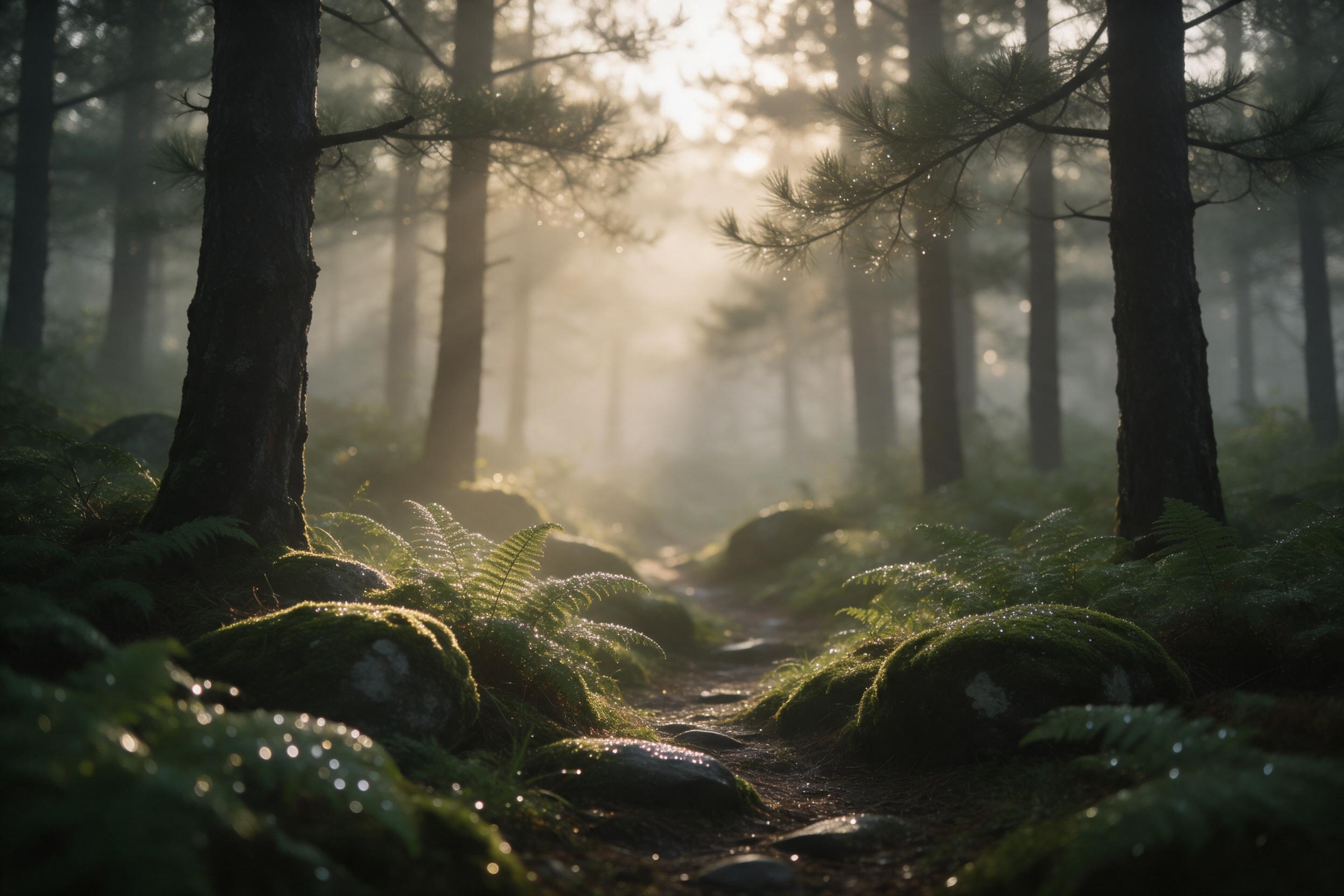 A misty pine forest at dawn, rays of golden sunlight piercing through the fog, dew glistening on moss-covered stones and ferns, a narrow winding path leading into the trees, soft bokeh in the background, natural muted green and amber tones, peaceful atmosphere.