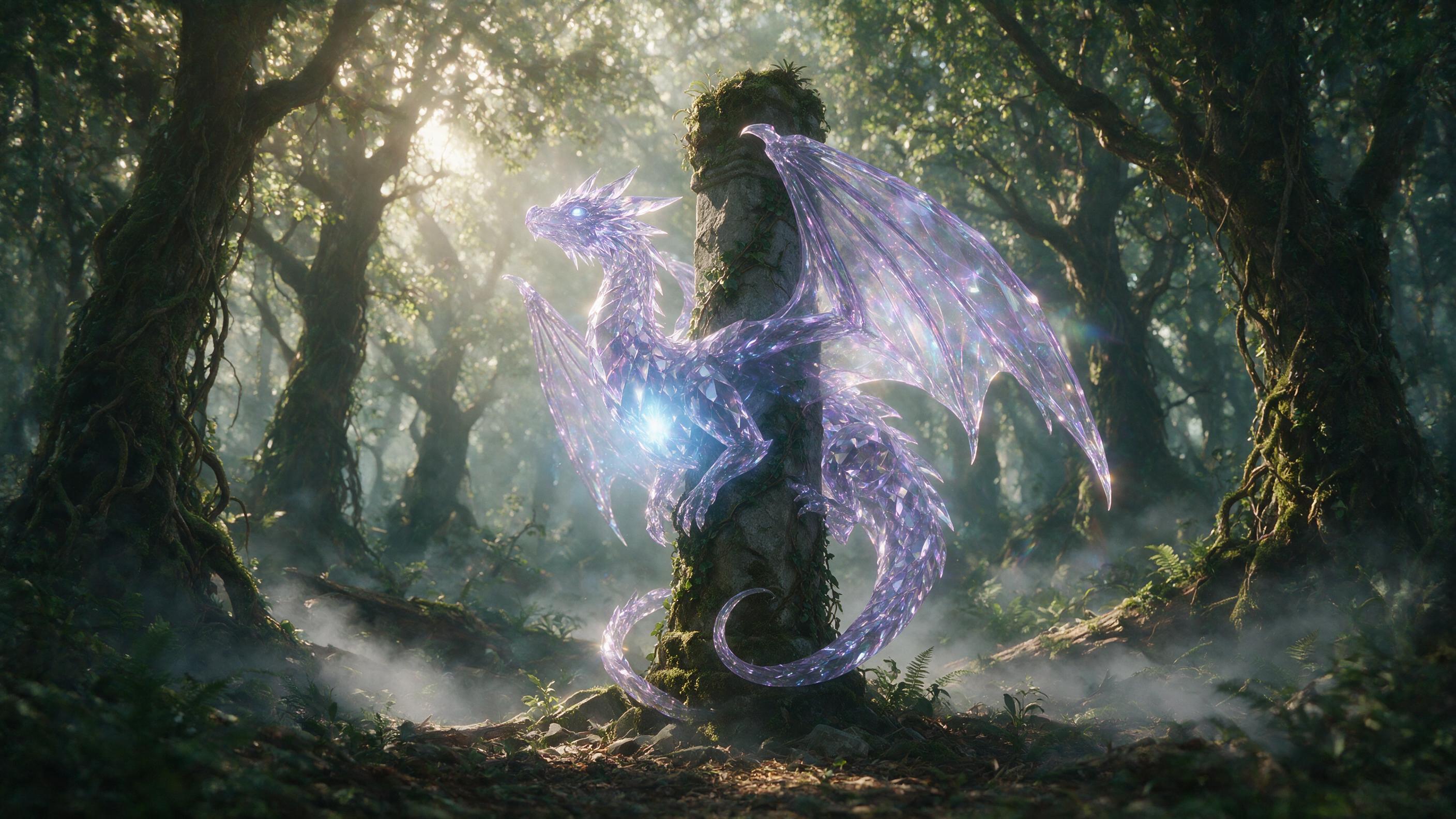A glowing, translucent crystal dragon coiled around a moss-covered stone pillar in a misty ancient forest, dappled sunlight filtering through the canopy, soft magical blue light from the dragon's chest, natural woodland colors, slight camera lens flare, ethereal atmosphere.