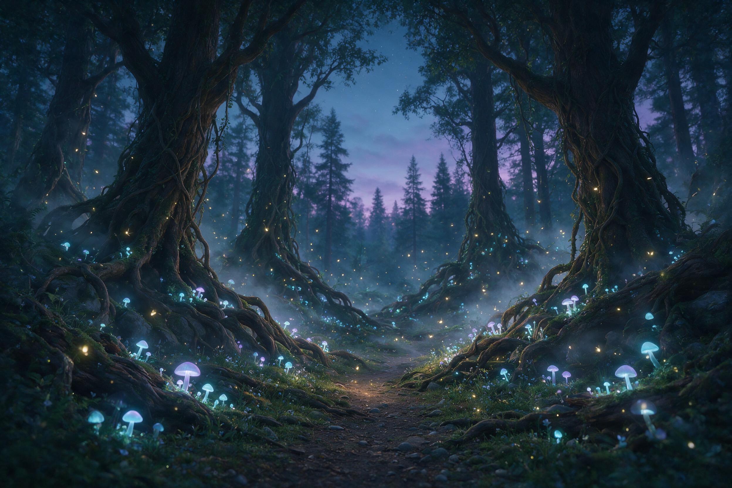 A mystical forest at twilight, glowing mushrooms and fireflies illuminate the path, ancient trees with twisted roots, a gentle mist swirls, soft purple and blue hues, shallow depth of field, surreal atmosphere