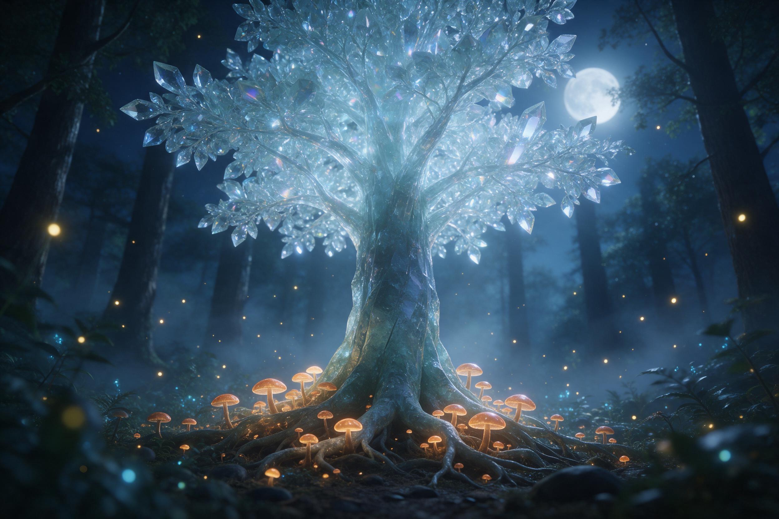 A towering crystal tree in a bioluminescent forest, its leaves glowing soft blue, roots entwined with glowing mushrooms. Mist drifts between ancient trunks, moonlight filters through canopy, fireflies dance in the air. Scene captures quiet wonder, gentle depth of field, cool color palette with warm 