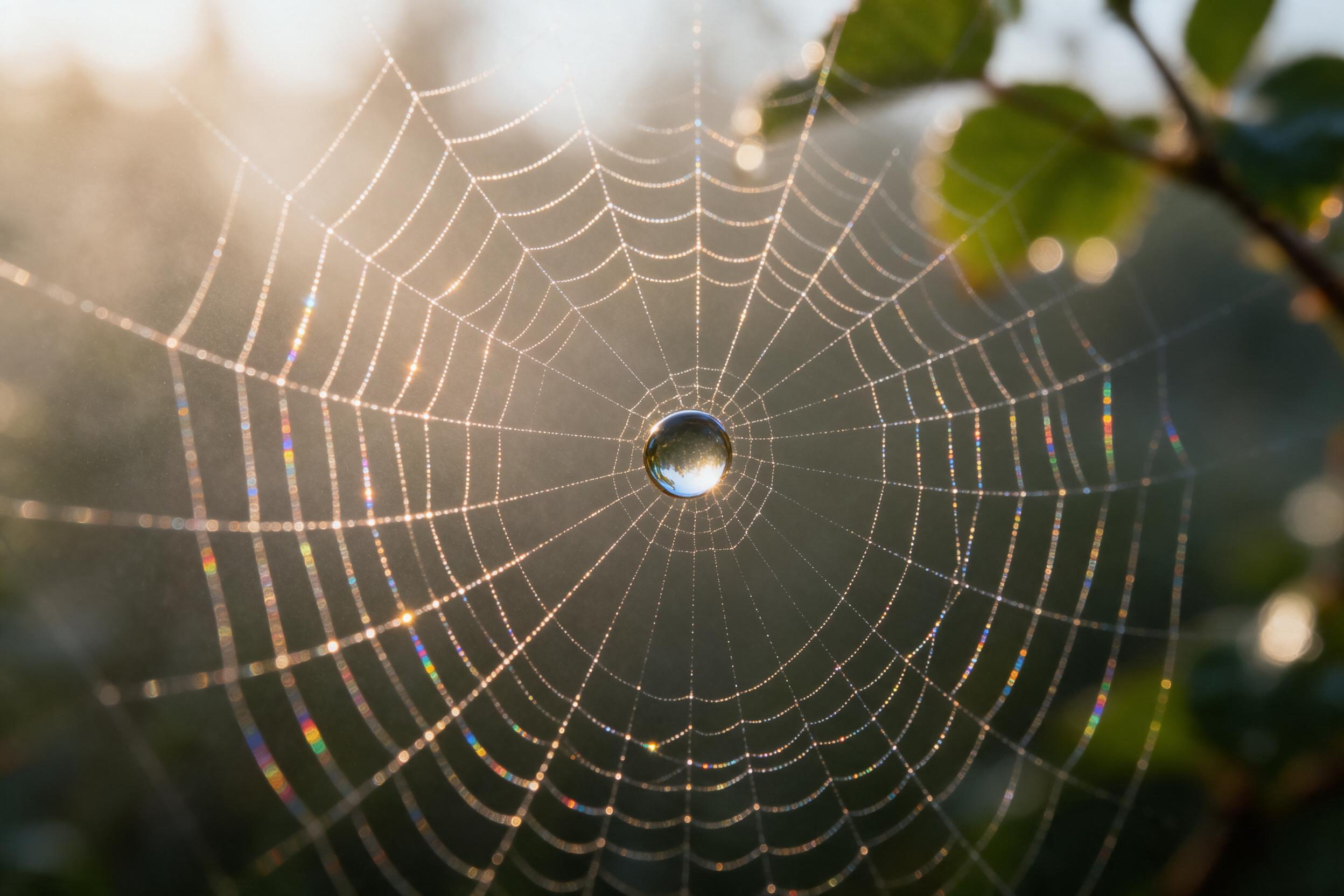A single dewdrop on a spider web at dawn, each strand refracting warm golden light into tiny rainbows, background softly blurred with bokeh of distant green leaves, macro photography, gentle morning mist, serene and pure atmosphere.