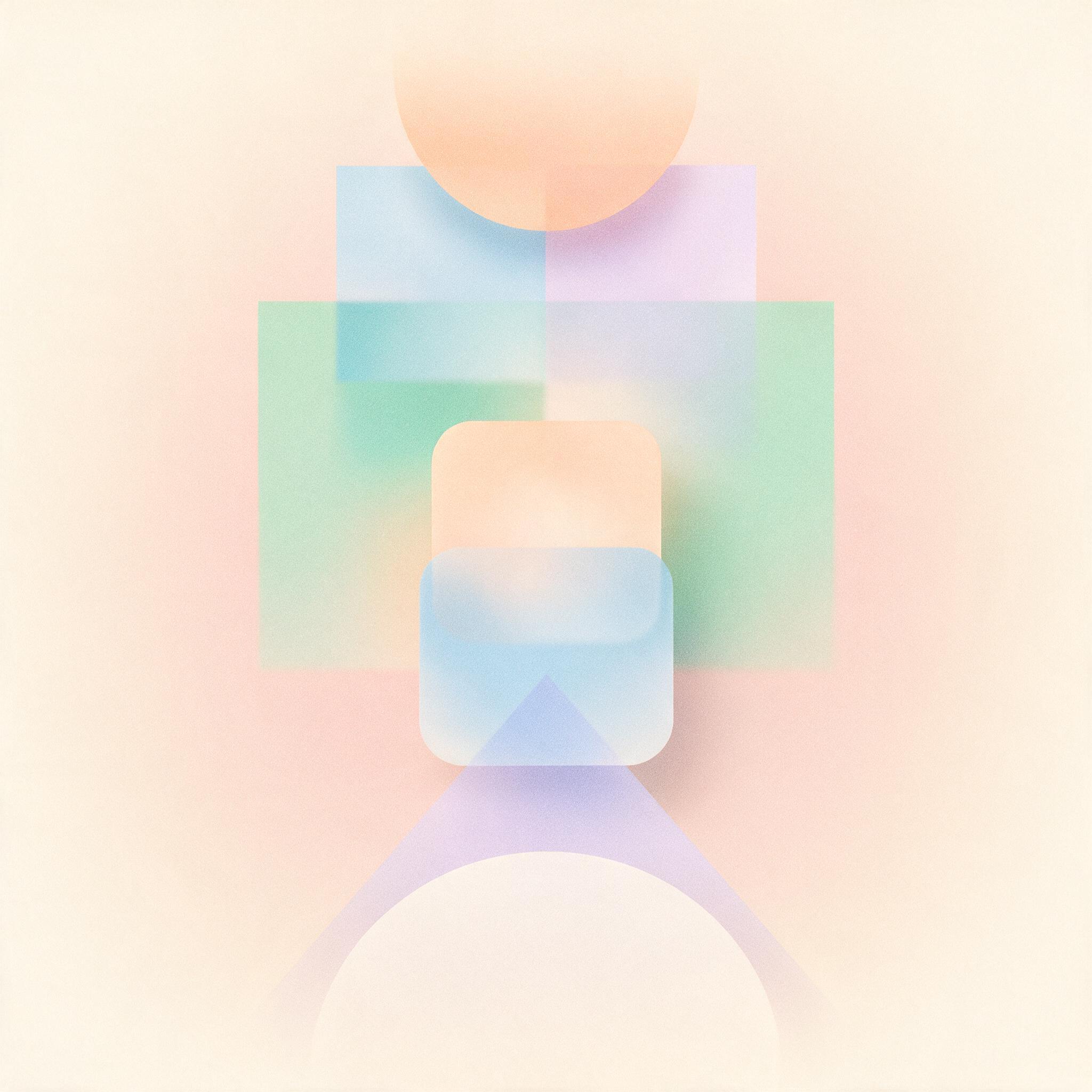 A minimalist composition of overlapping translucent geometric shapes in muted pastel tones, soft diffuse light, subtle shadows, slight grain texture, smooth gradients, calm and balanced