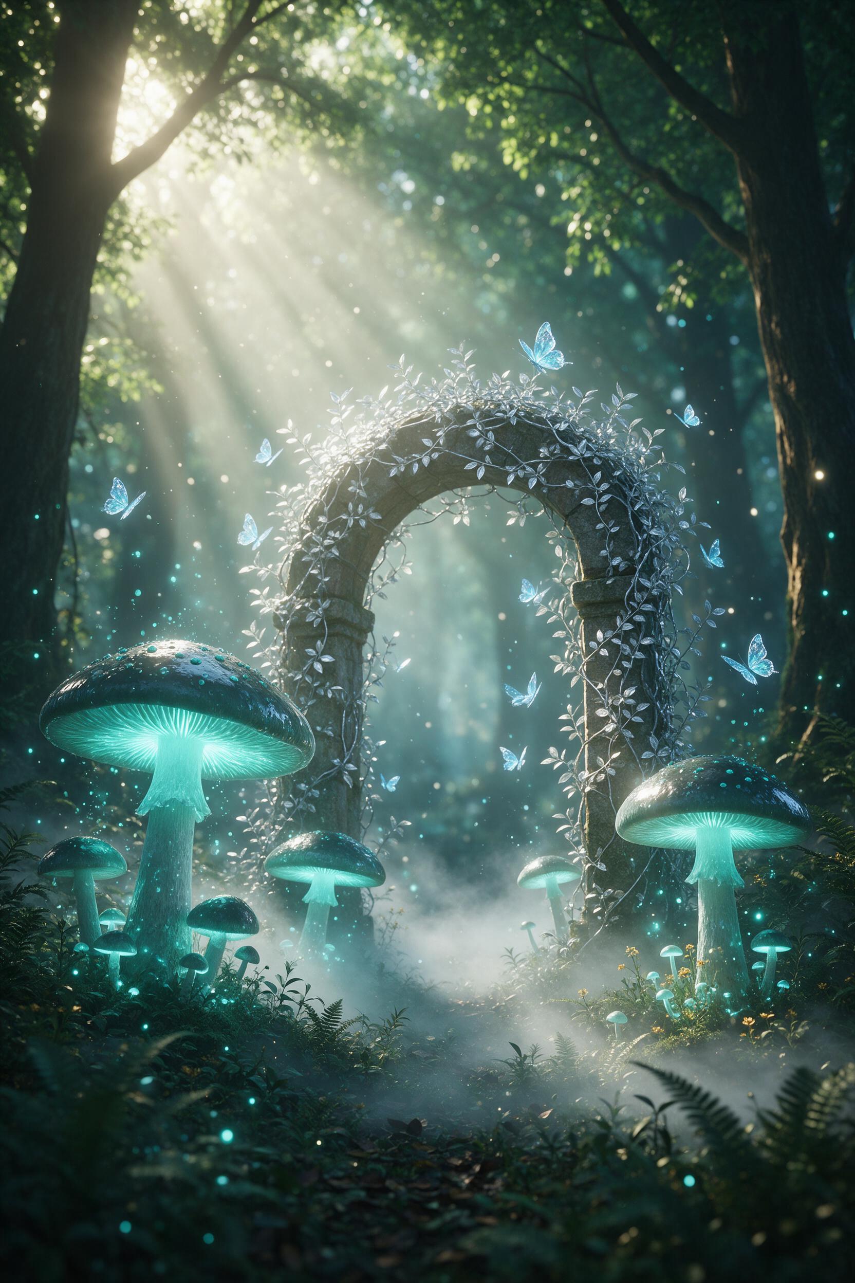 Sunlit ancient forest clearing, colossal glowing mushrooms with teal spores drifting, ethereal blue butterflies with crystalline wings, a stone arch entwined in silver vines, mist curling at the roots, dappled god rays piercing through dense emerald canopy, soft focus on the arch, subtle glowing pol