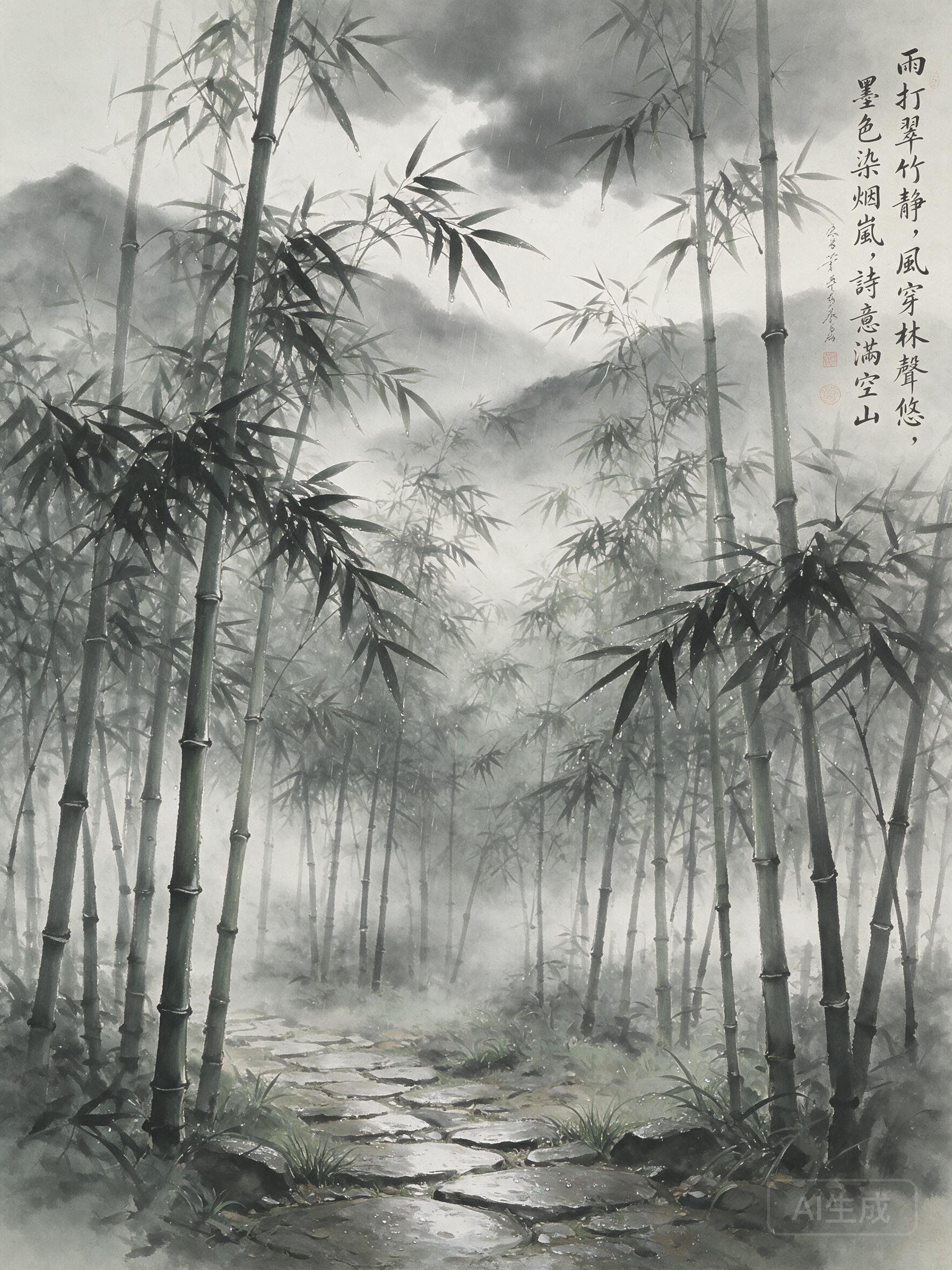 Ancient Chinese ink wash painting of bamboo grove in rain, soft gray tones, flowing brushstrokes, poetic atmosphere