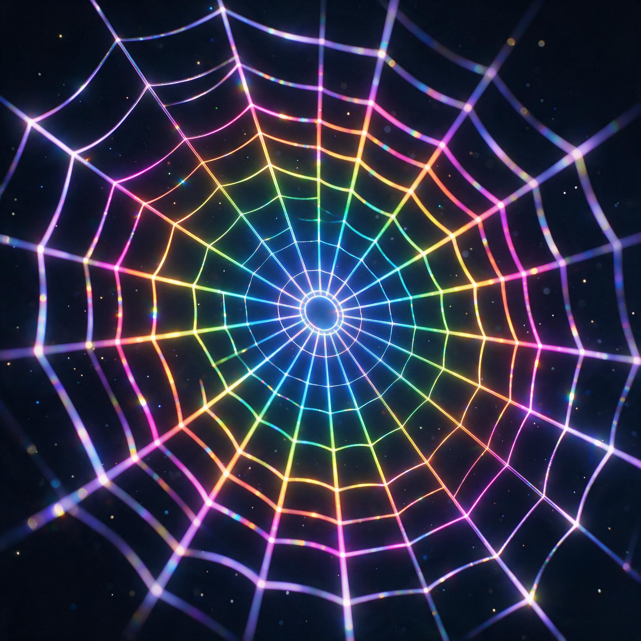 Glowing neon lines forming a dynamic geometric spiderweb, floating in a dark void, with subtle prismatic refractions and soft gradient fades, minimal composition, sharp focus on the central node, edges blurring into darkness