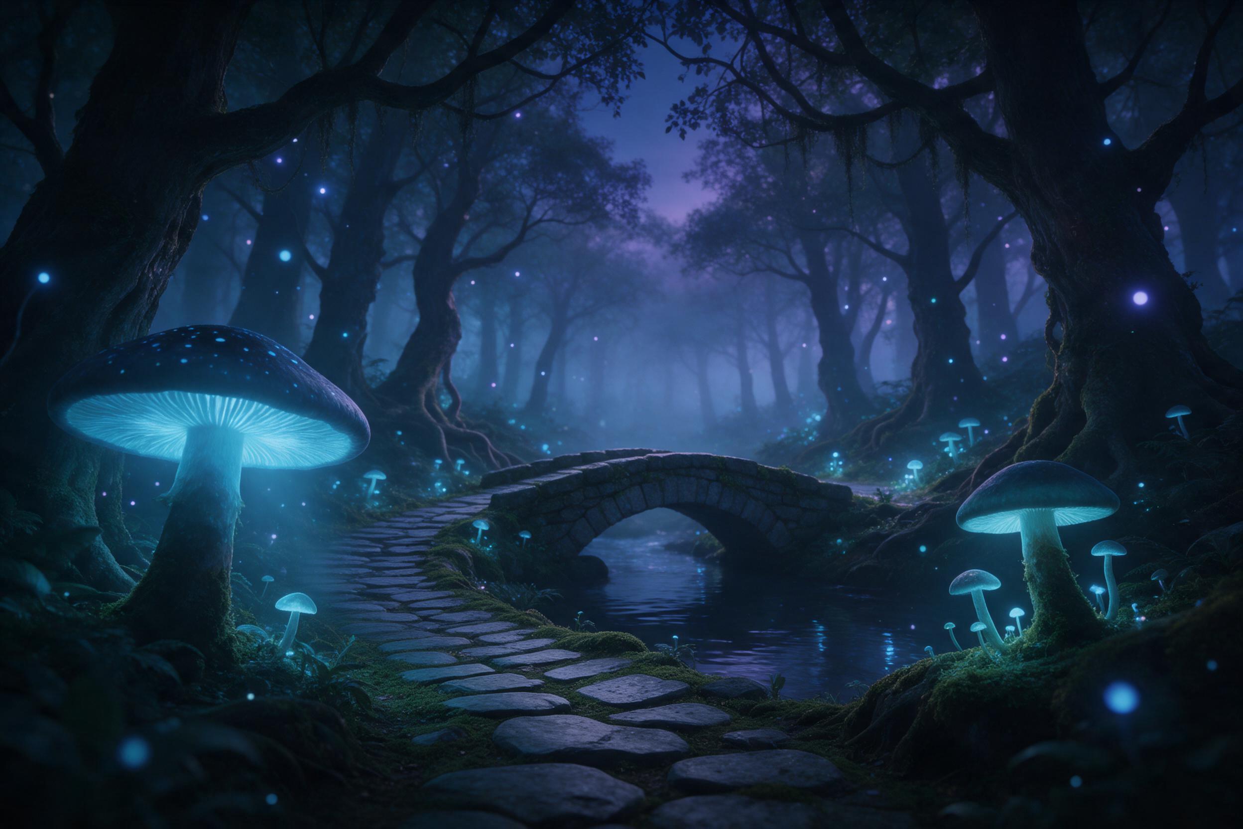 A misty bioluminescent forest at twilight, giant glowing mushrooms casting soft blue light on winding mossy paths, ethereal fairy lights drifting between ancient twisted trees, a small stone bridge over a reflective stream, deep teal and violet palette, soft volumetric fog, cinematic composition