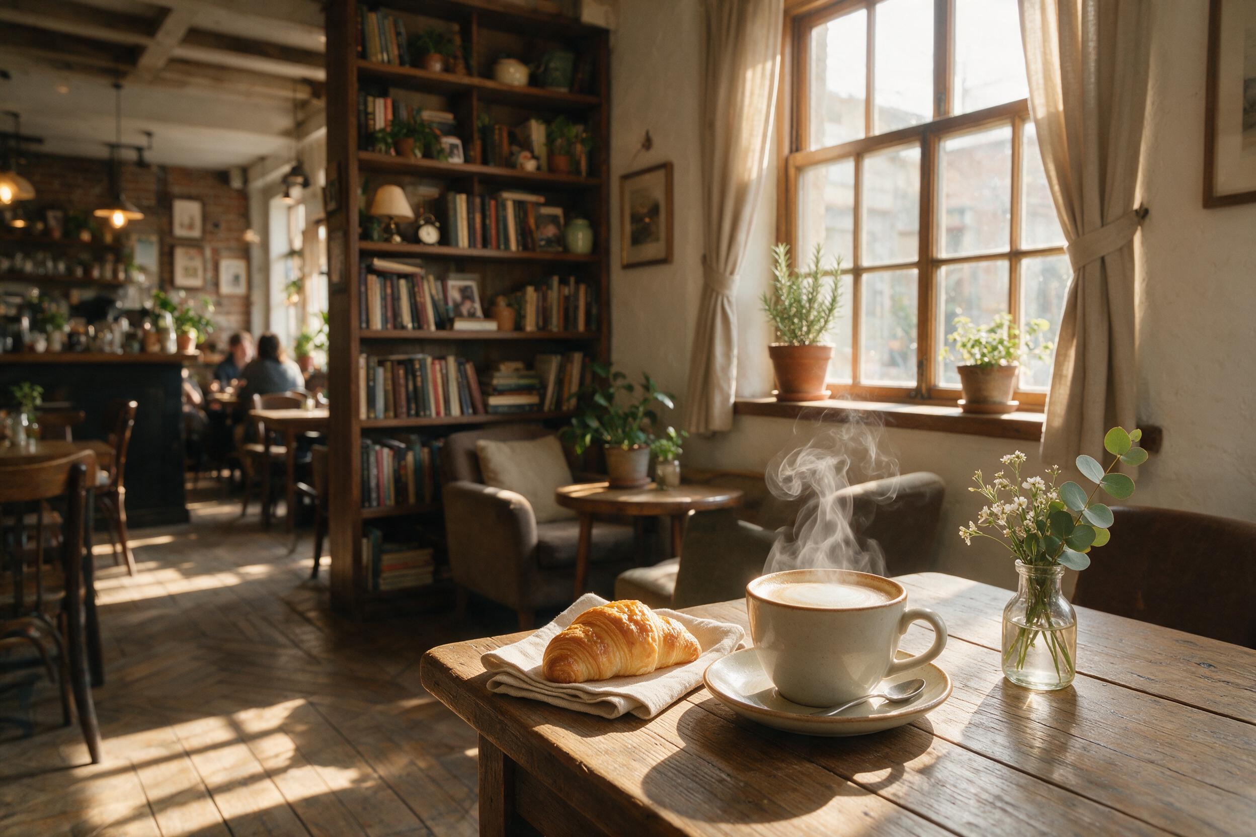 Cozy coffee shop interior, soft morning light streaming through a large window, steam rising from a ceramic cup on a wooden table, bookshelf in background, shallow depth of field, natural shadows, warm tones