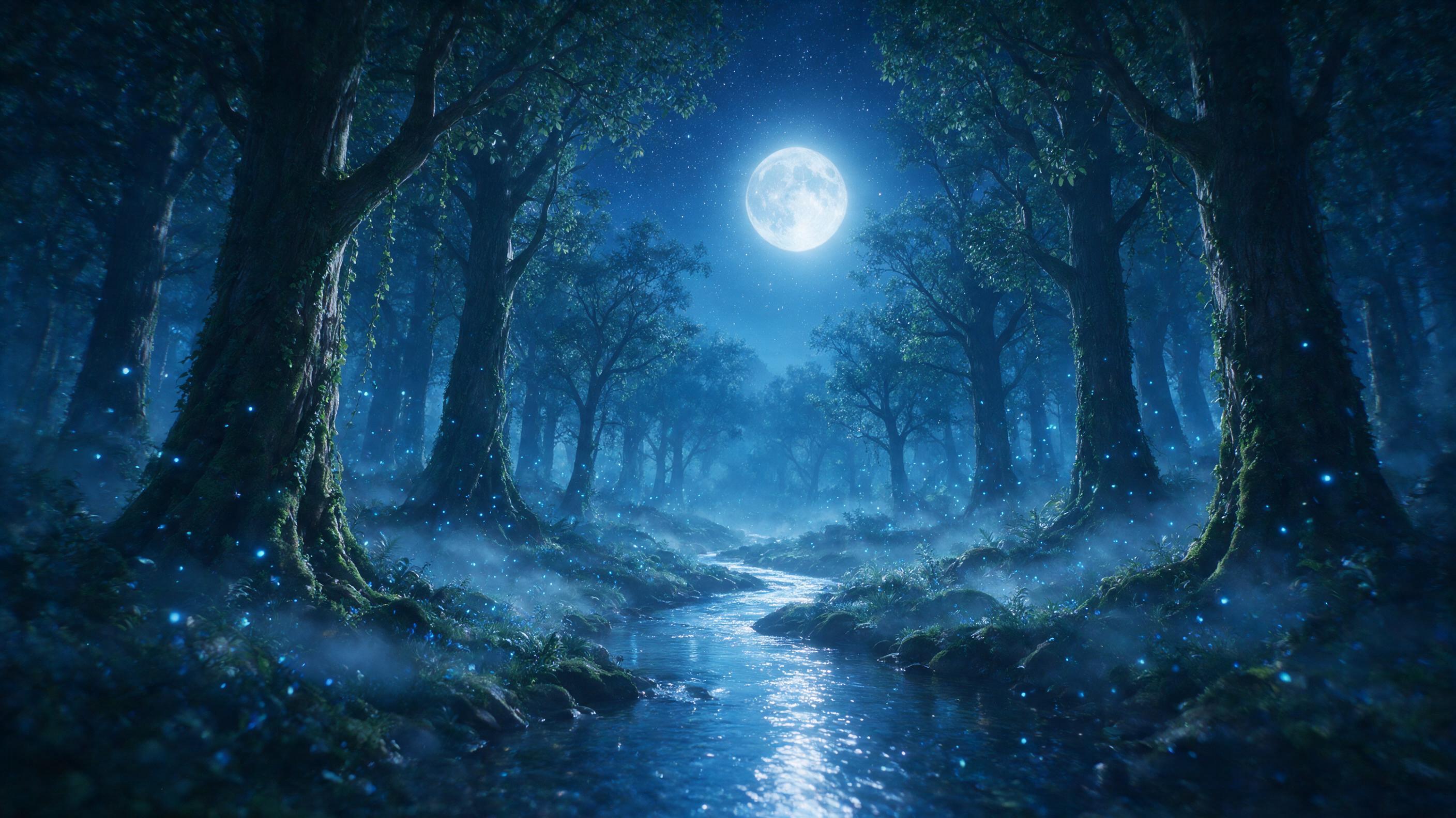 A luminous moonlit forest with towering ancient trees, soft blue fireflies floating in mist, a winding stream reflecting starlight, ethereal atmosphere, gentle fog, cool blue and silver tones, slight camera motion blur for dreamy effect