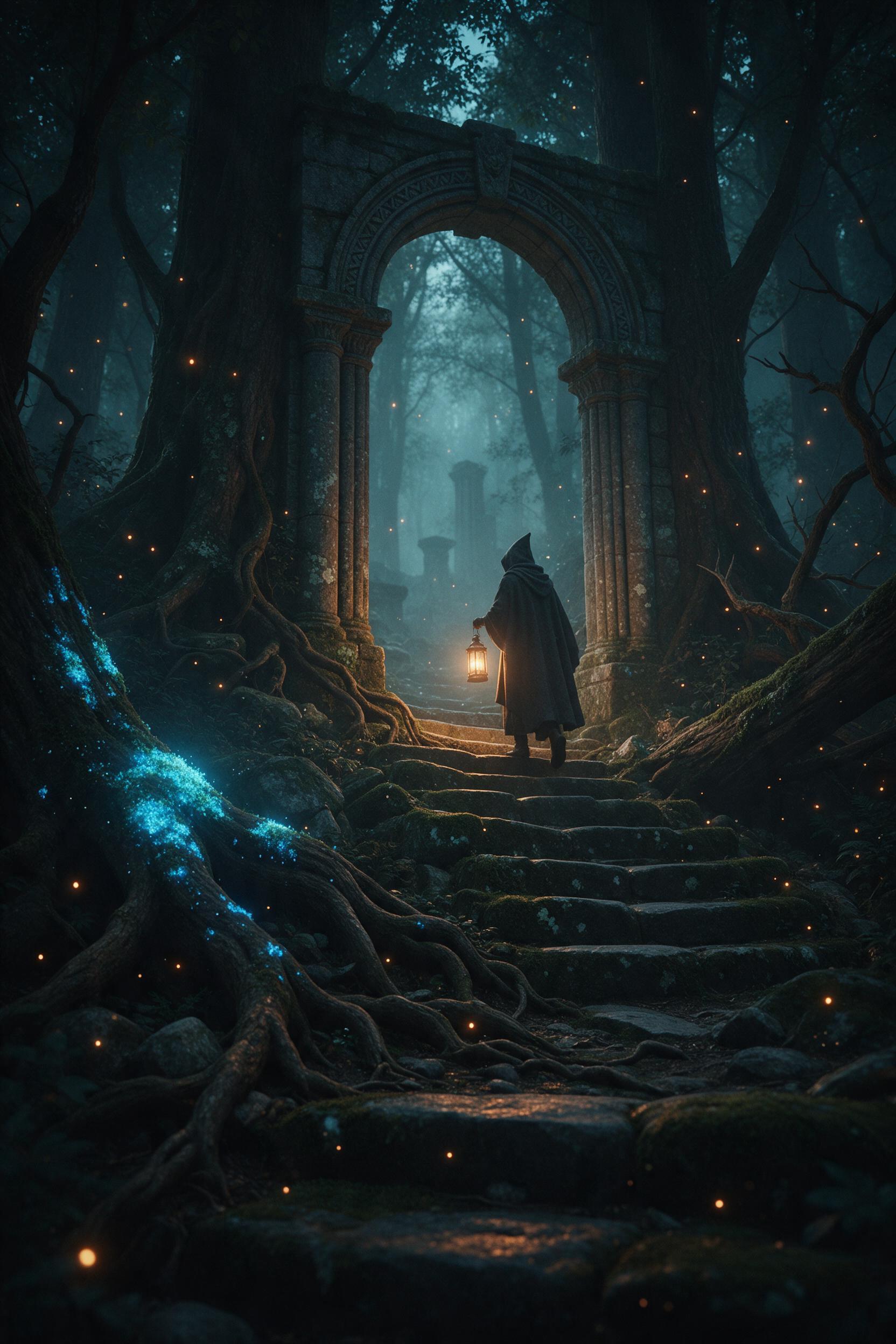 An ancient stone archway in a misty twilight forest, glowing blue moss clinging to twisted roots, a lone hooded figure with a lantern descending a moss-covered staircase, soft volumetric light rays filtering through canopy, ethereal fireflies dotted around, muted teal and amber palette, cinematic co