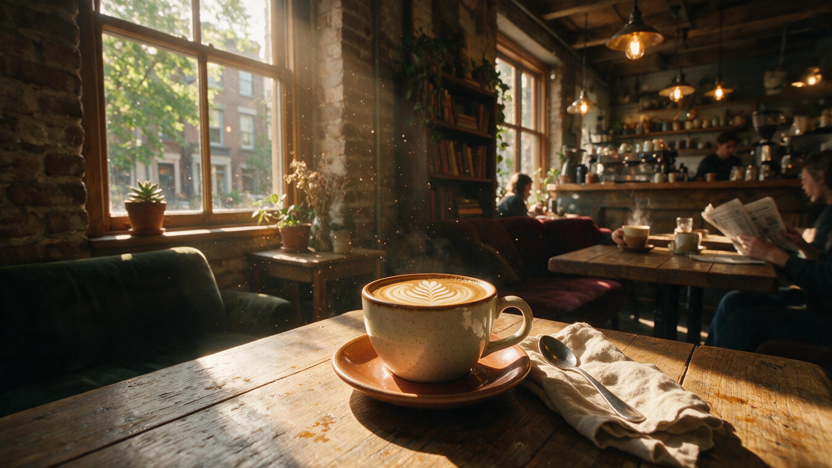 A cozy, sunlit coffee shop interior from a low angle, a latte art with a fern pattern on a wooden table, soft morning light streaming through a window, dust motes floating, contrast between warm light and cool shadows, moody and intimate atmosphere, slight camera shake