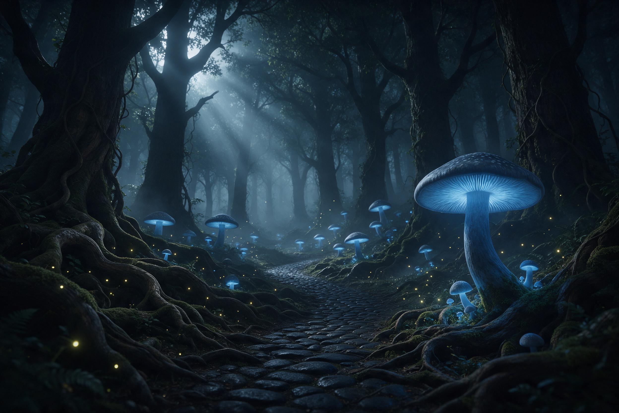 A moonlit ancient forest, giant glowing blue mushrooms line a winding mossy path, fireflies dance between twisted oak roots, a faint silvery mist clings to the ground, soft volumetric light filters through dense canopy, painted in muted tonal palette with subtle texture, no text, sharp focus on fore