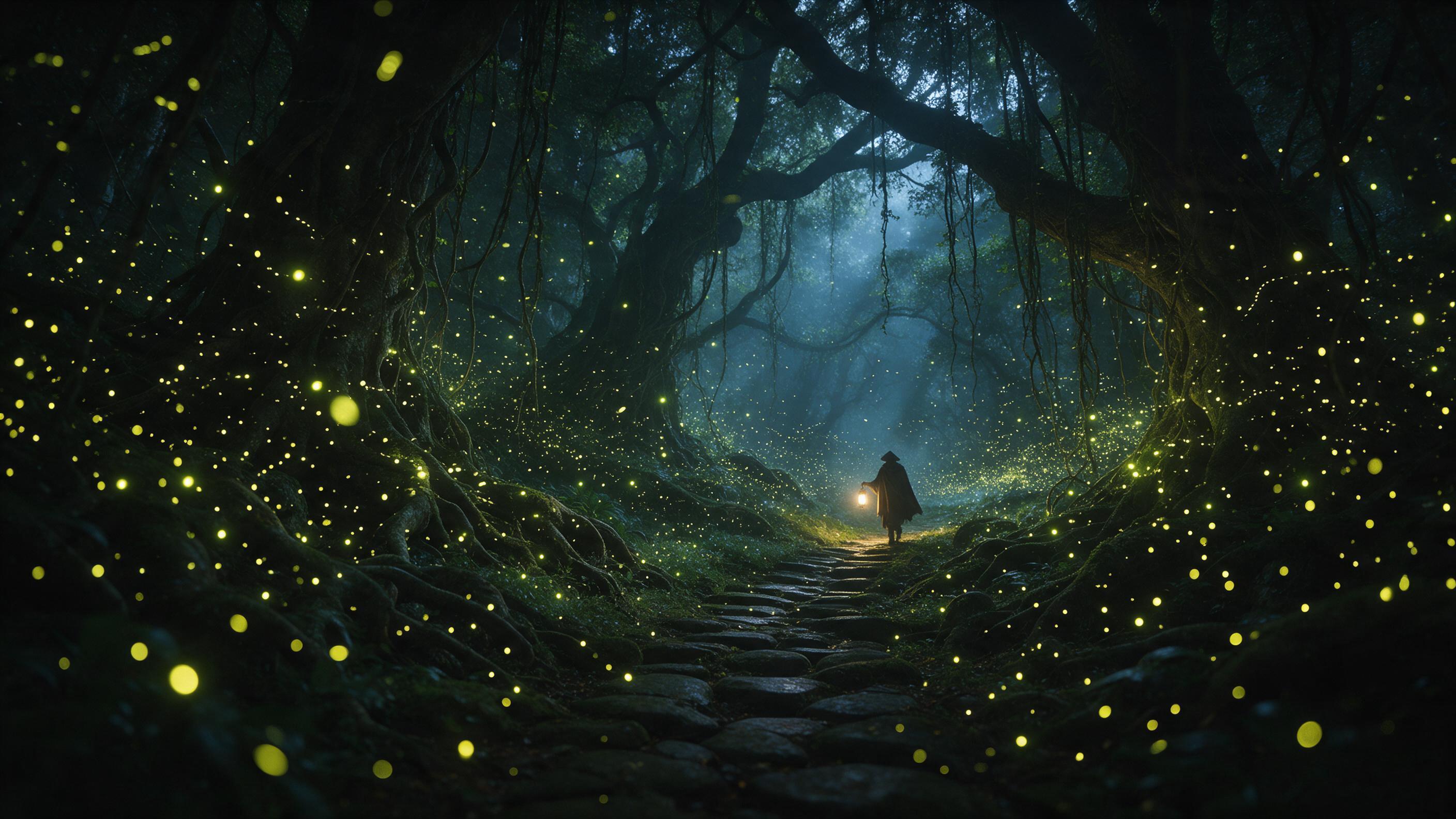 Whispering ancient forest where fireflies swirl like living constellations, ethereal glow illuminating gnarled roots and hanging vines, a lone cloaked traveler with a lantern walking a mossy stone path, soft blue moonlight piercing dense canopy, misty air, dreamlike atmosphere, muted green and amber