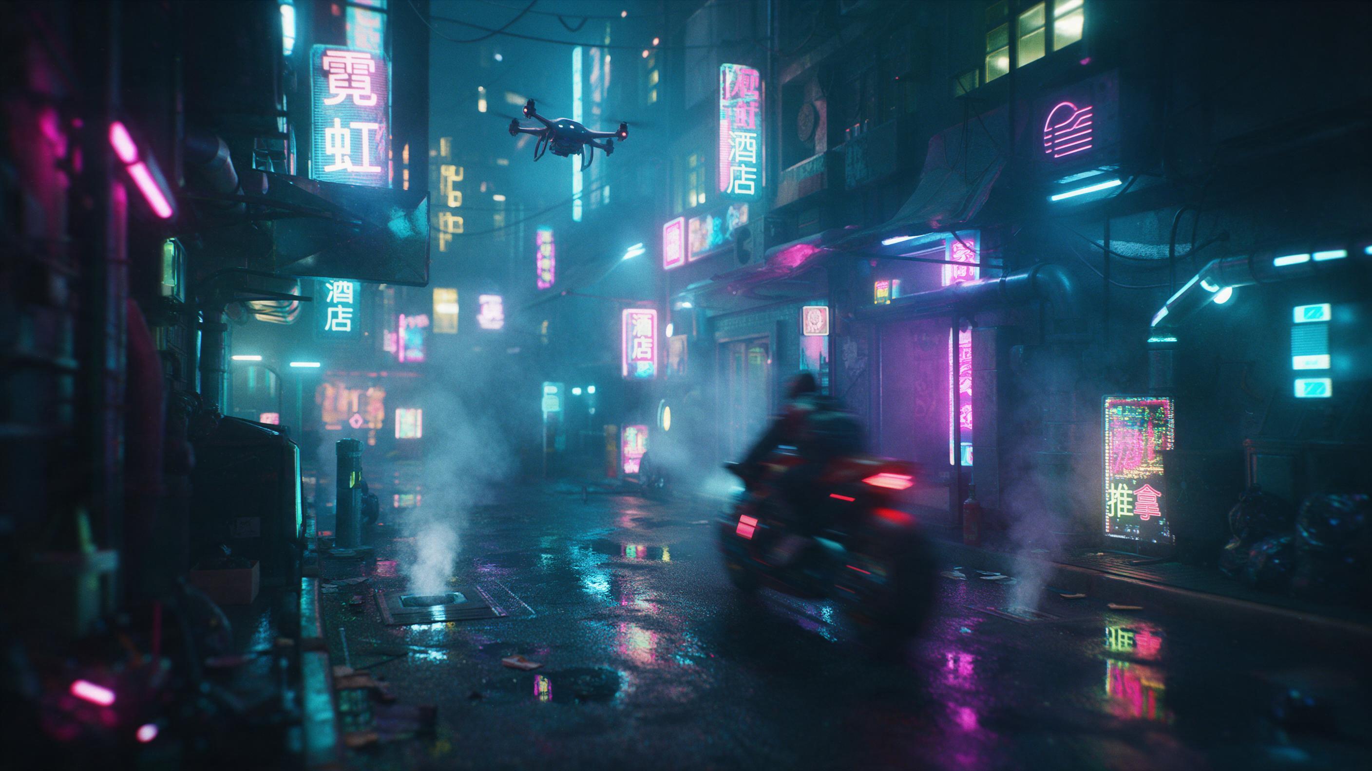 Neon-lit cyberpunk alley at night, rain-slicked asphalt reflecting holographic signs in Chinese characters, a lone drone hovering, steam rising from vents, volumetric fog, cyan and magenta highlights, motion blur on passing speeder bike, cinematic composition, shallow depth of field, film grain