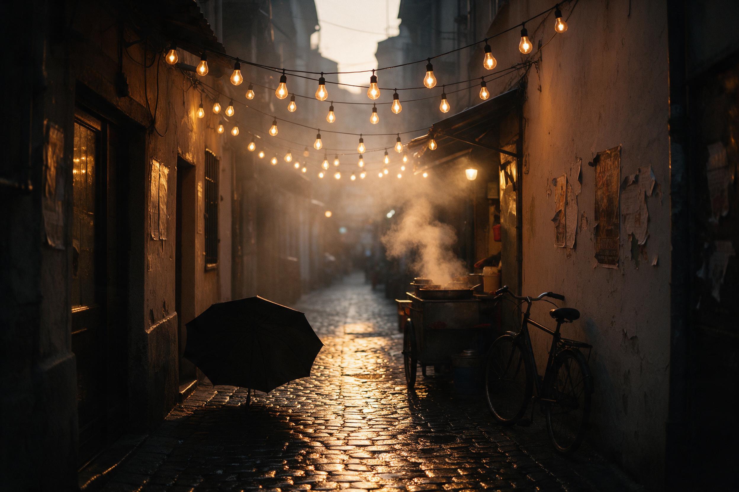 A narrow old town alley at dusk, strings of warm Edison bulbs overhead, rain-slicked cobblestones reflecting golden light, a lone silhouetted umbrella and a bicycle leaning against a plaster wall with peeling posters, steam rising from a street food cart, shallow depth of field, damp air haze, sligh