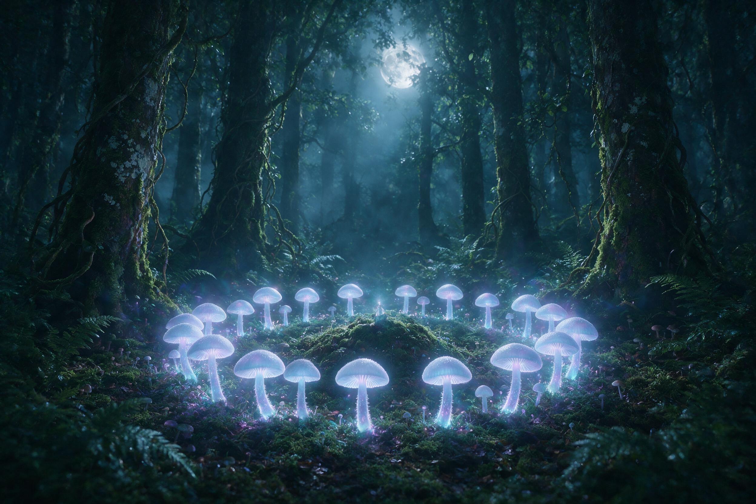 A glowing, translucent mushroom ring in a misty, moonlit forest. Soft bioluminescent blue and purple light emanates from the fungi, illuminating the damp moss and ferns. The composition draws the eye to the center of the ring, where a faint, ethereal figure is barely visible. Slight lens flare, cine