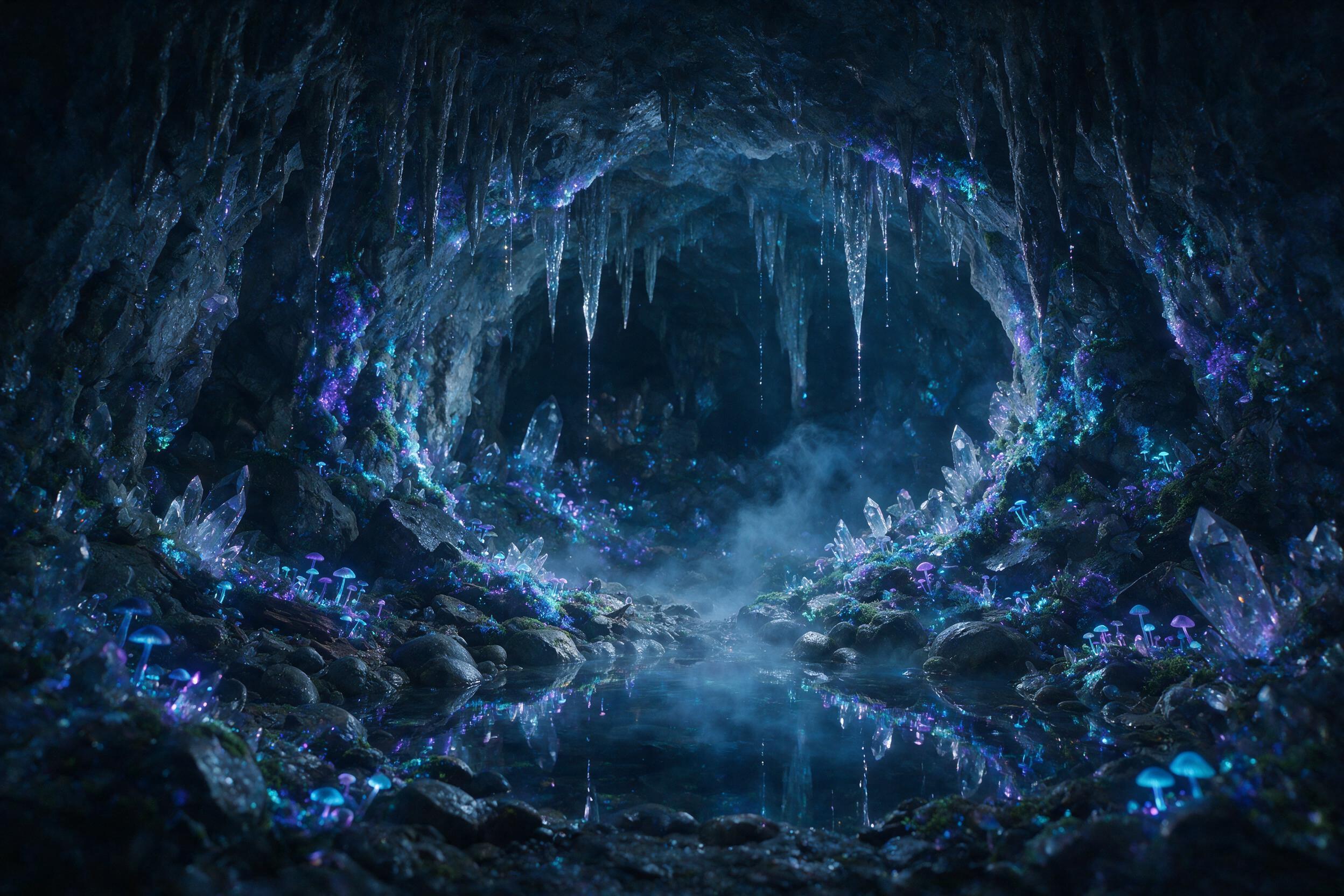 A luminous crystal cave deep underground, bioluminescent moss and fungi casting soft blue and purple light, stalactites dripping with glowing water, a small pool reflecting the ethereal glow, mist rising slowly, quiet and mysterious atmosphere, slight camera shake adding dreamlike quality