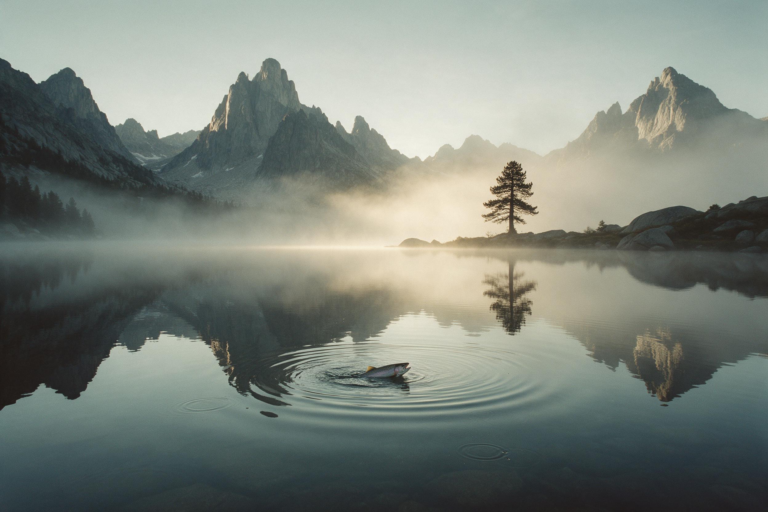 Misty alpine lake at dawn, mirror-like water reflecting jagged granite peaks, a lone pine silhouetted near the shore, soft golden light breaking through low fog, gentle ripples from a rising trout, muted teal and amber palette, shot on medium format film, slight grain