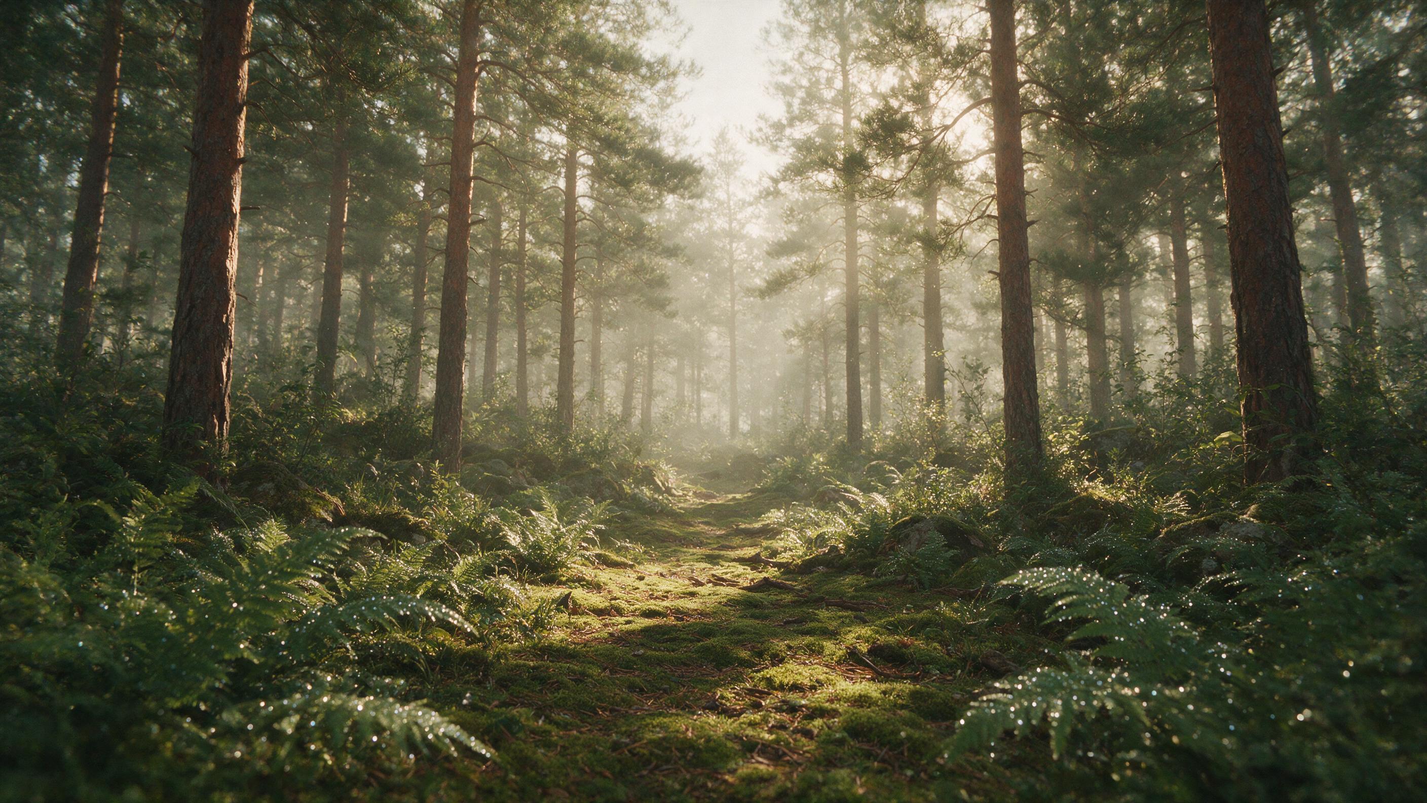 Sunlight filters through a misty pine forest at dawn, long shadows stretching across a moss-covered path, dew drops on ferns sparkling, soft volumetric rays, muted earthy tones, gentle breeze rustling leaves, wide-angle composition, natural film grain, no people, no structures.