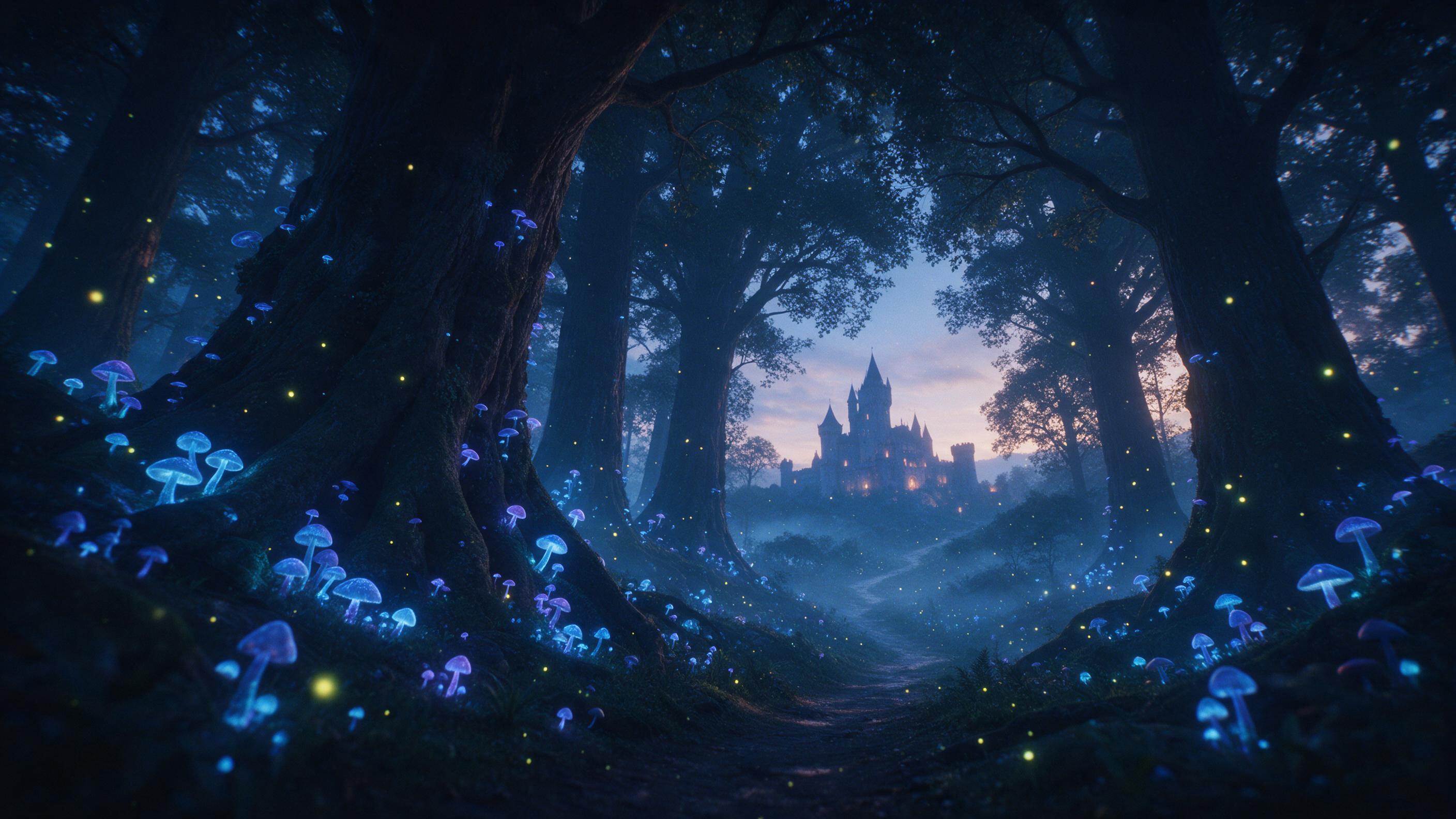 A glowing bioluminescent forest at dusk, massive ancient trees with luminous blue and violet mushrooms, a misty winding path leading to a distant castle, floating fireflies, soft amber light from the castle windows, ethereal atmosphere, cinematic composition with a low angle view, subtle film grain,