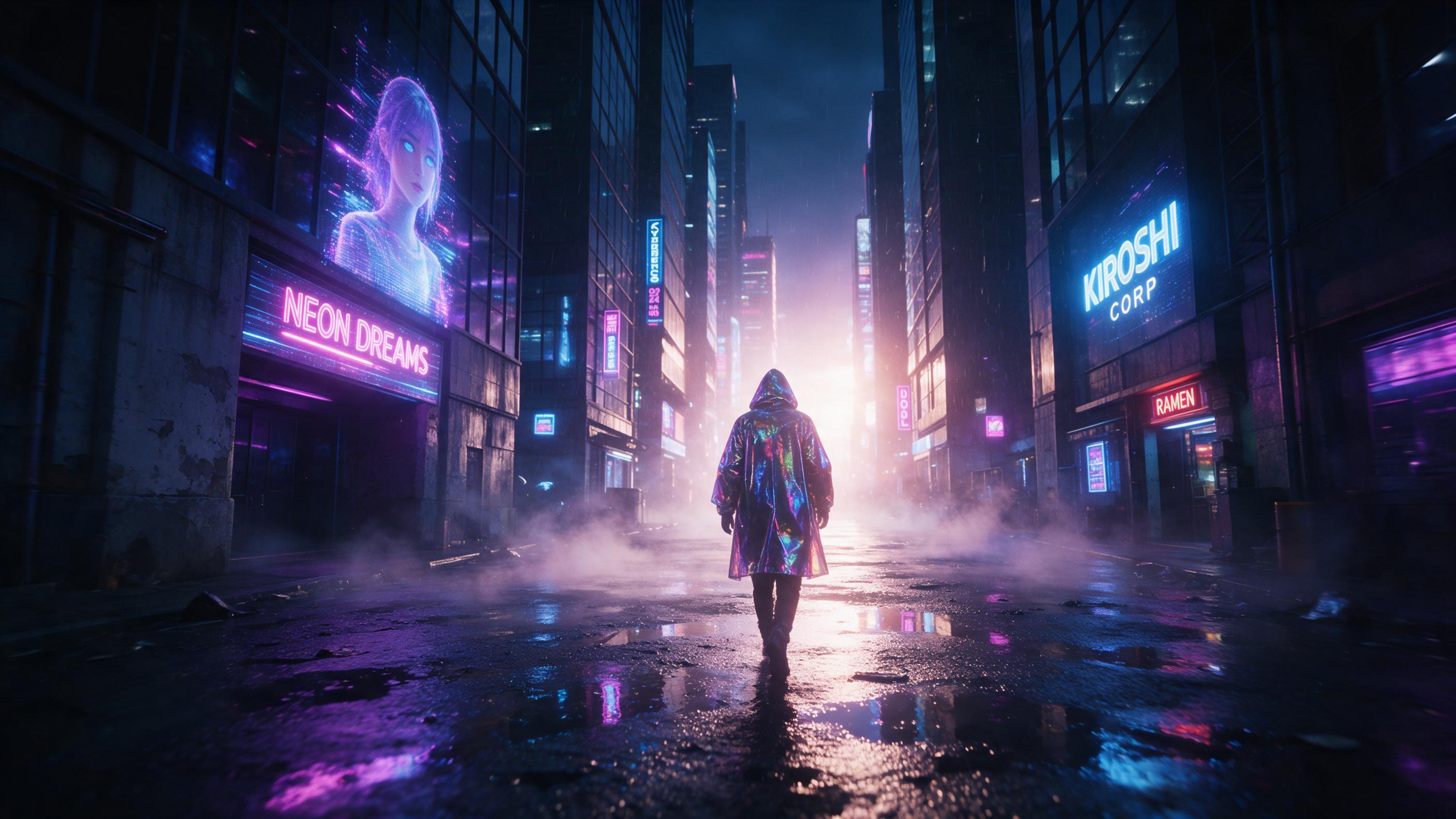 A rain-slicked neon alley in a cyberpunk city, holographic advertisements flicker on towering skyscrapers, a lone figure in a reflective coat walks toward a distant glow, mist swirls around glowing puddles, cinematic composition with dramatic backlighting, slight motion blur on the figure, shallow d