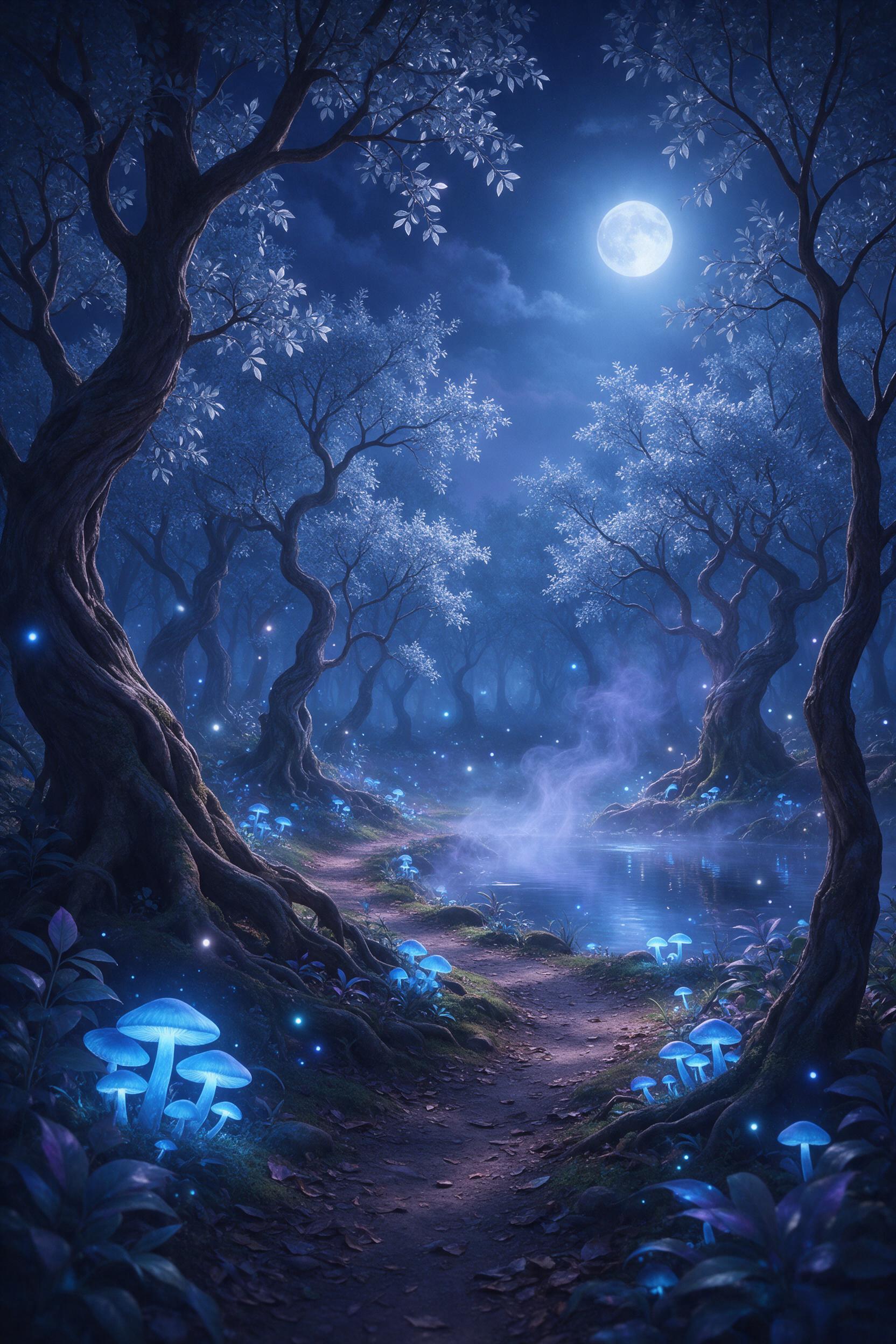 A moonlit forest clearing where glowing blue mushrooms light a winding path, ancient twisted trees with silver leaves, a faint magical mist curling above a small pond, ethereal fireflies, cool blue and violet palette, soft diffused moonlight filtering through canopy, composition leading the eye from