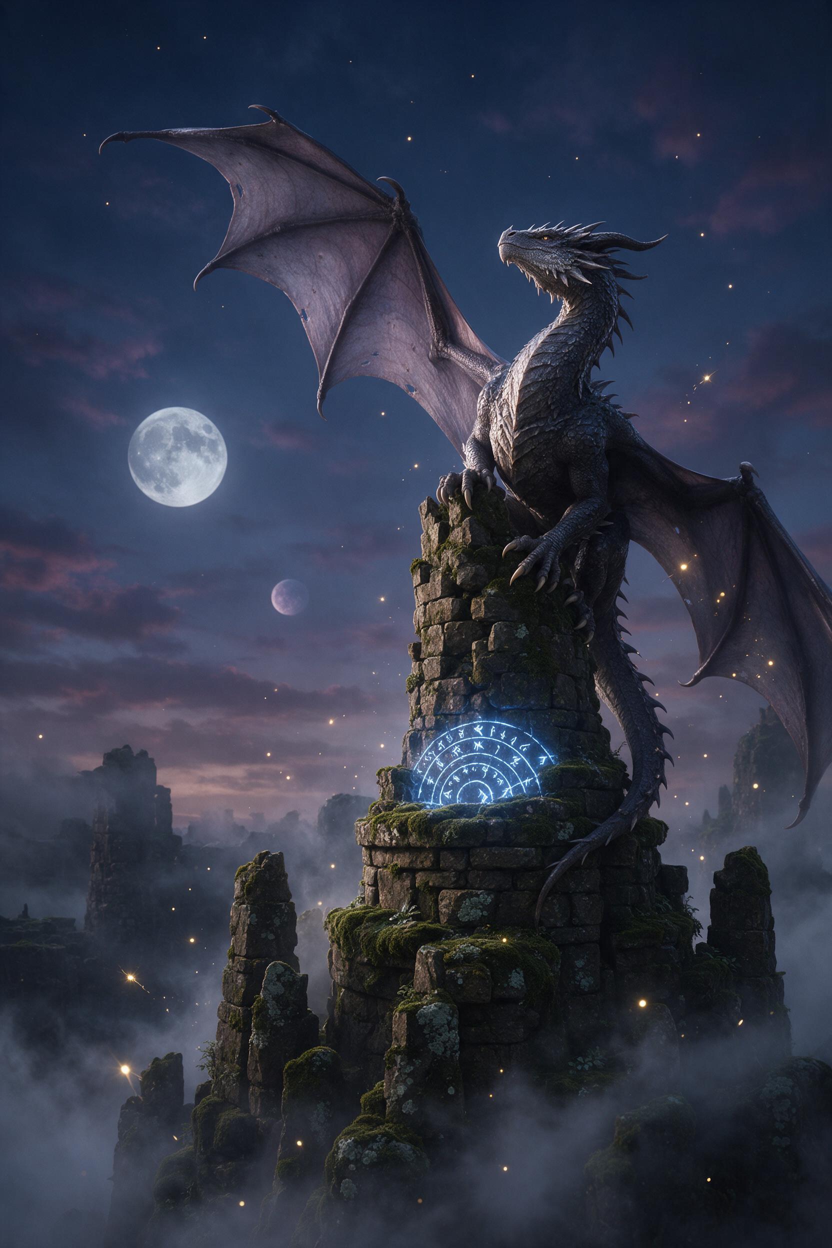 A dragon perched atop a moss-covered stone spire, wings partially spread, glowing runes beneath, mist swirling around the base, twilight sky with two moons, firefly-like sparks in the air, cinematic composition with dramatic side lighting