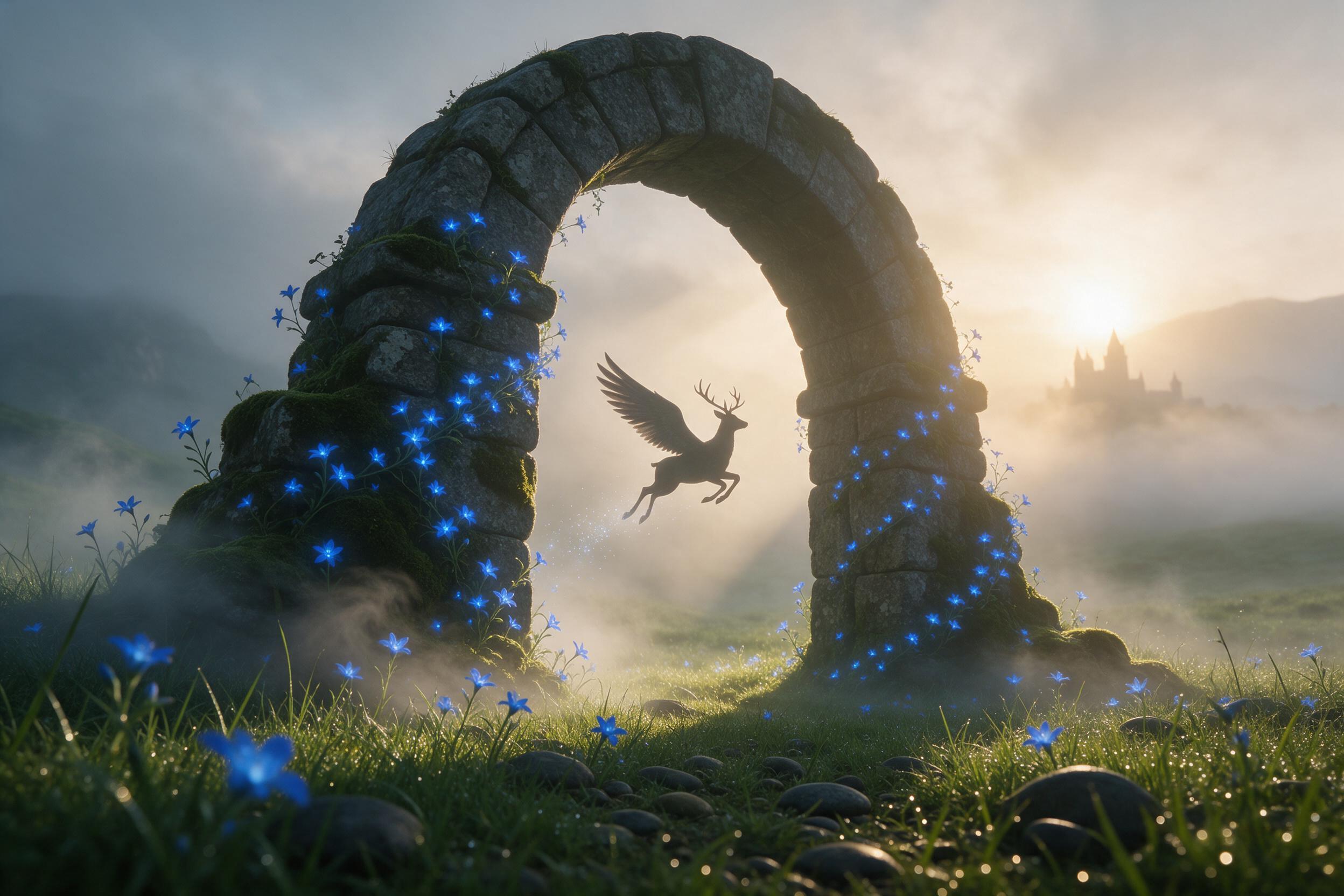 An ancient, moss-covered stone archway stands alone in a misty emerald meadow at dawn. Soft golden light filters through drifting fog, illuminating glowing blue wildflowers that spiral along the moss. A silhouette of a winged deer leaps through the arch, leaving faint sparkles. Composition: low-angl